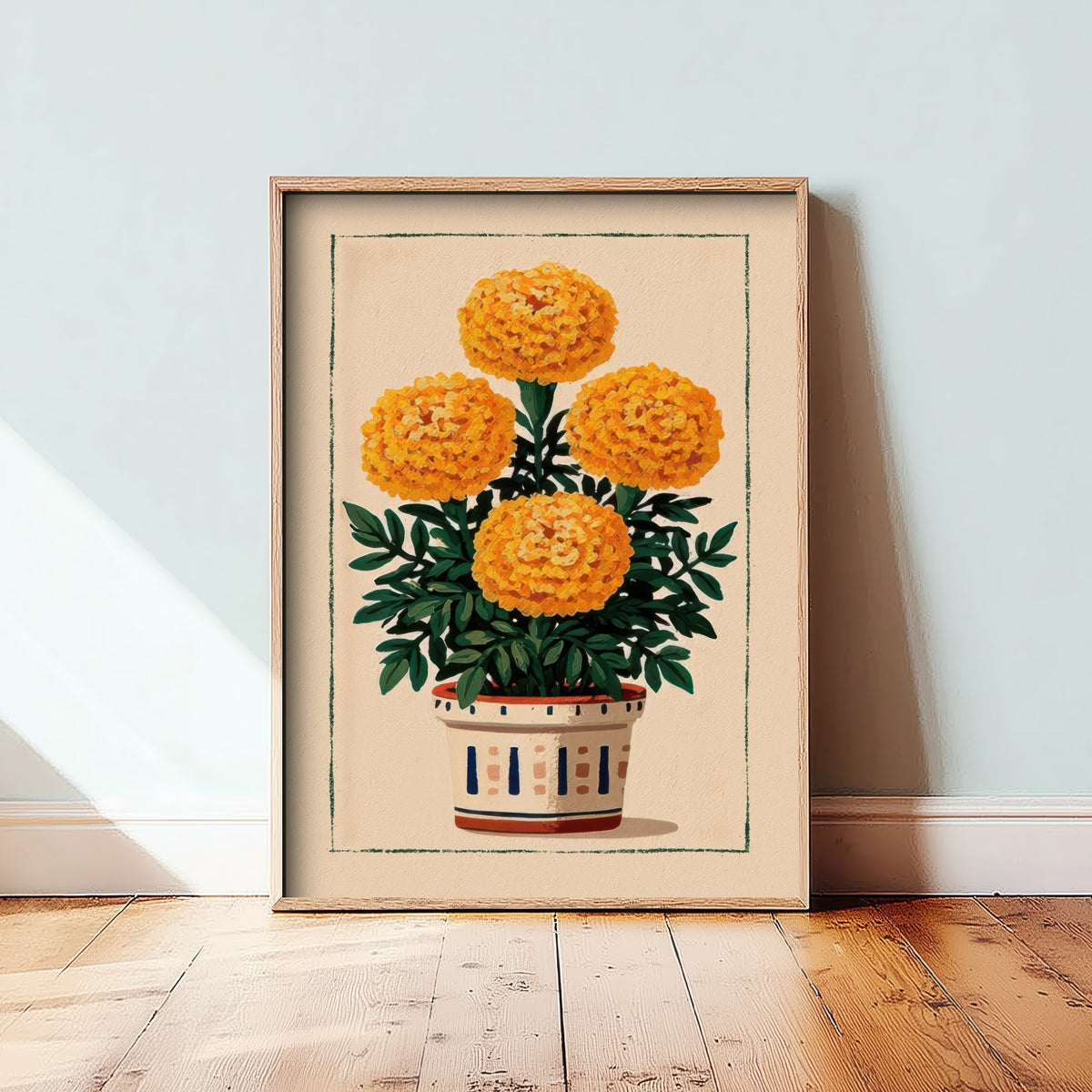 Marigold Art Print - Golden Pompom Flower Poster - Patterned Pot Folk Illustration V1 3/3