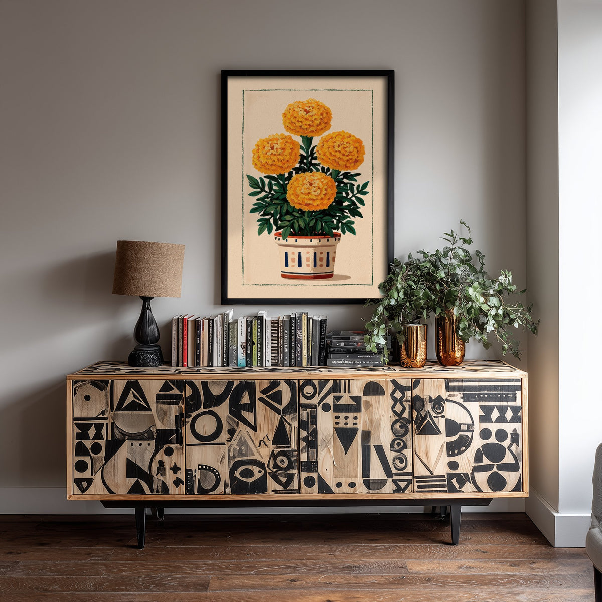 Marigold Art Print - Golden Pompom Flower Poster - Patterned Pot Folk Illustration V1 3/3