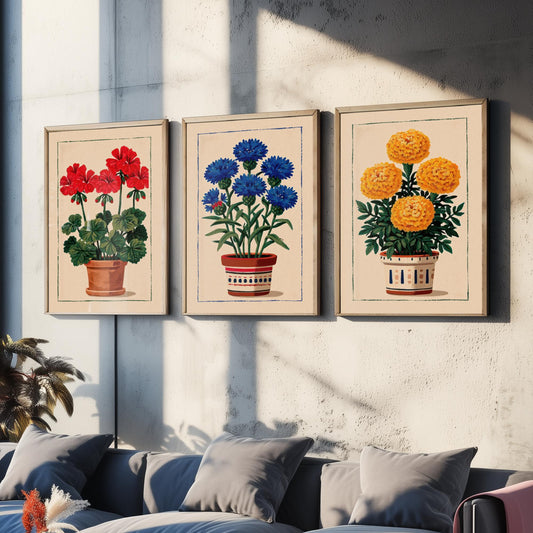 Potted Flower Folk Art Set of Three Art Prints - Geranium, Cornflower, Marigold - Linocut Style Cottage Poster Illustration V1