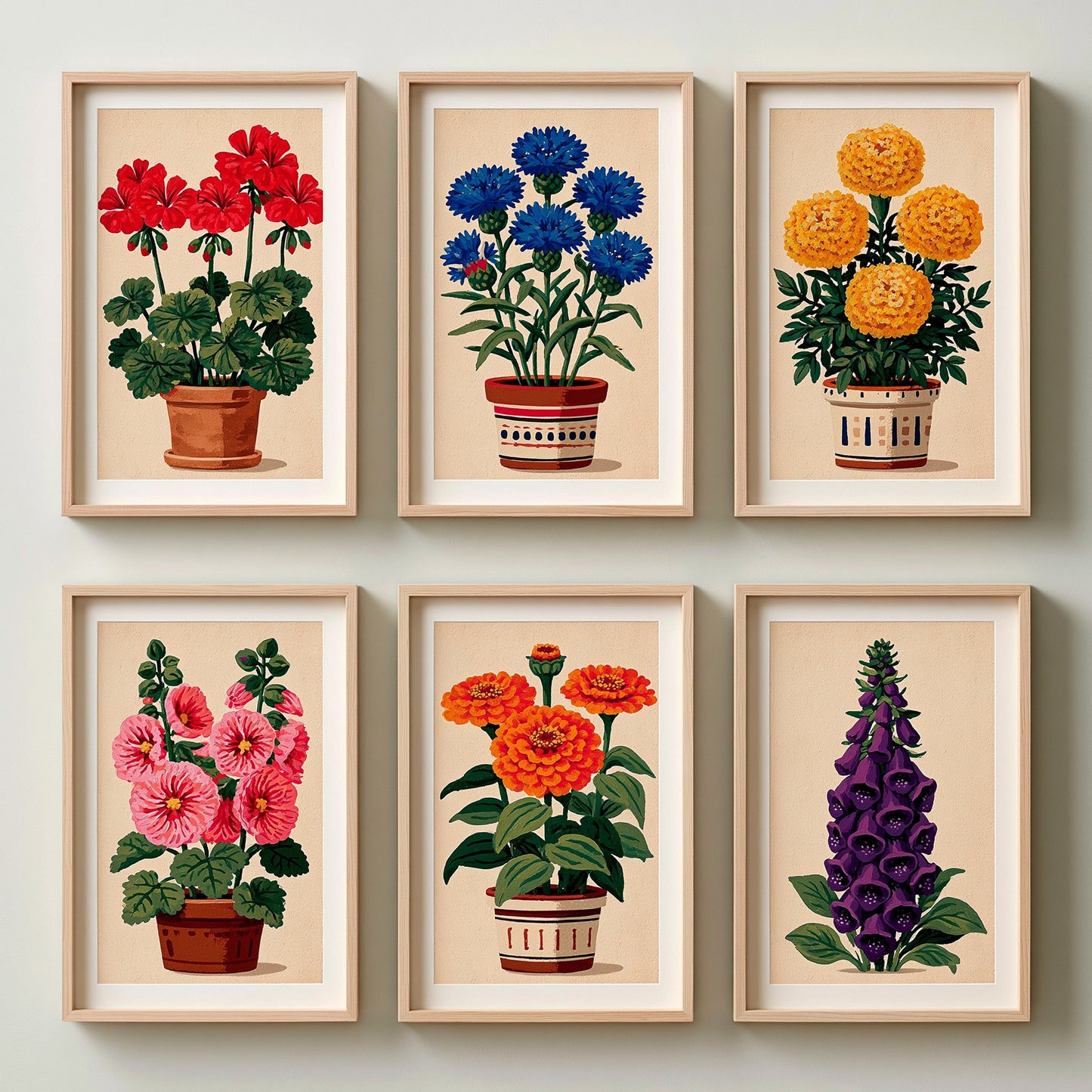 Set of Six Potted Flower Folk Art Prints - 6 Naive Illustrations - Poster - Geranium, Cornflower, Marigold, Hollyhock, Zinnia, Foxglove