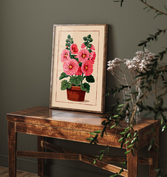 Pink Hollyhock Art Print - Cottage Garden Poster - Potted Flower Linocut Style Illustration V2 1/3