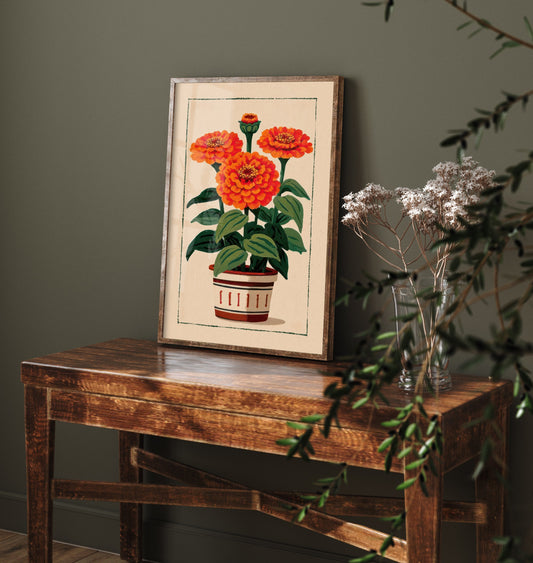Orange Zinnia Art Print - Folk Flower Pot Poster - Bright Cottagecore Botanical Illustration V2 2/3