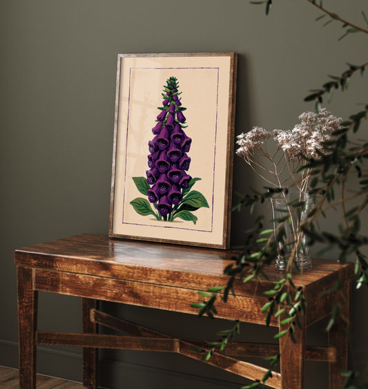 Purple Foxglove Art Print - Woodland Wildflower Spire Poster - Folk Botanical Illustration V2 3/3