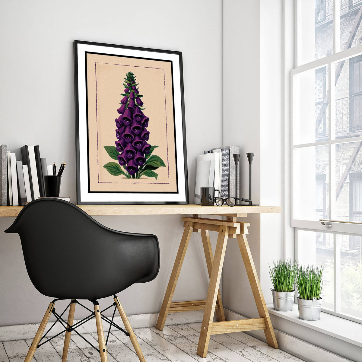 Purple Foxglove Art Print - Woodland Wildflower Spire Poster - Folk Botanical Illustration V2 3/3