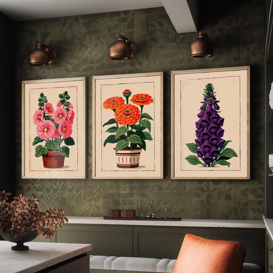 Potted Flower Folk Art Set of Three Art Prints - Hollyhock, Zinnia, Foxglove - Cottage Garden Linocut Poster Illustration V2