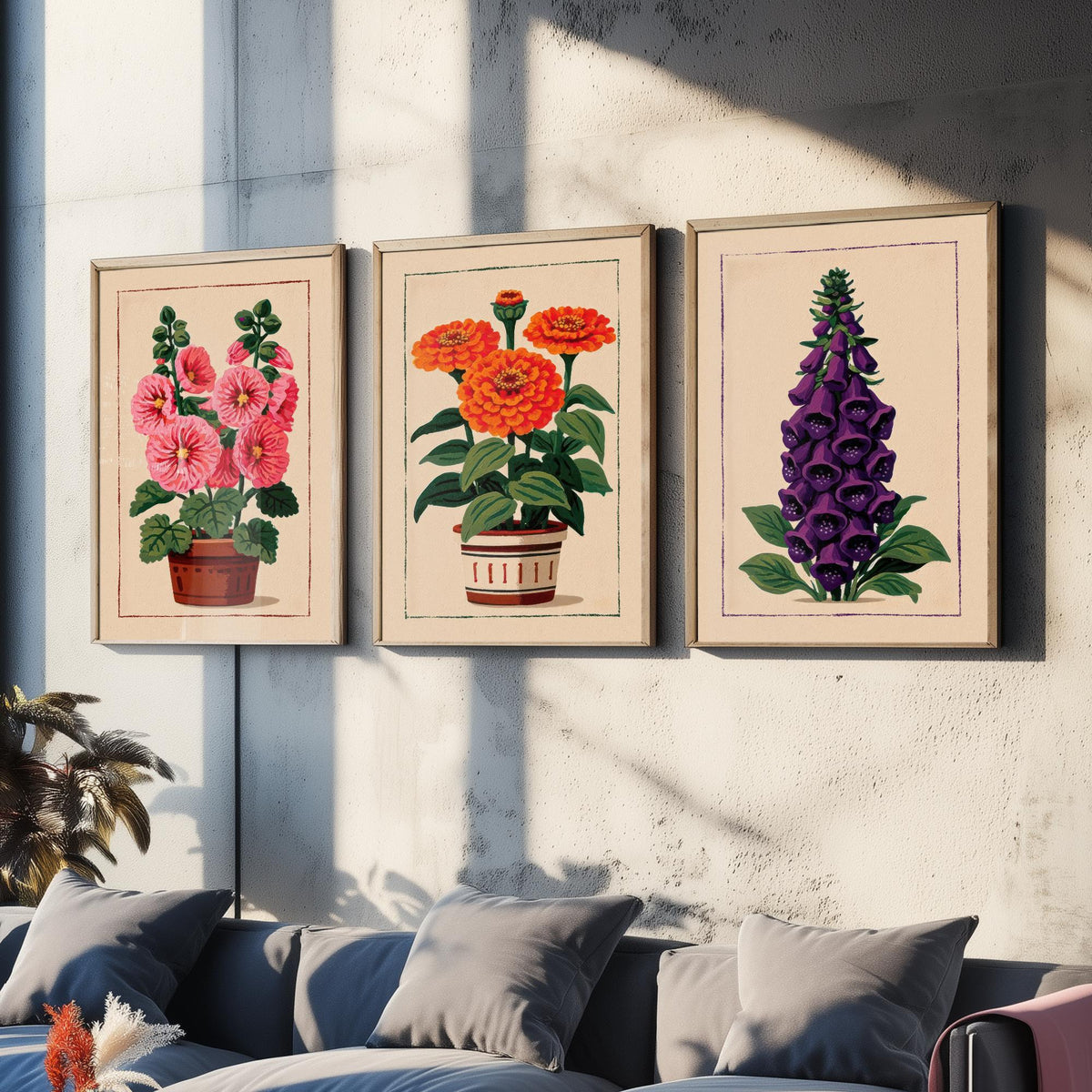 Potted Flower Folk Art Set of Three Art Prints - Hollyhock, Zinnia, Foxglove - Cottage Garden Linocut Poster Illustration V2