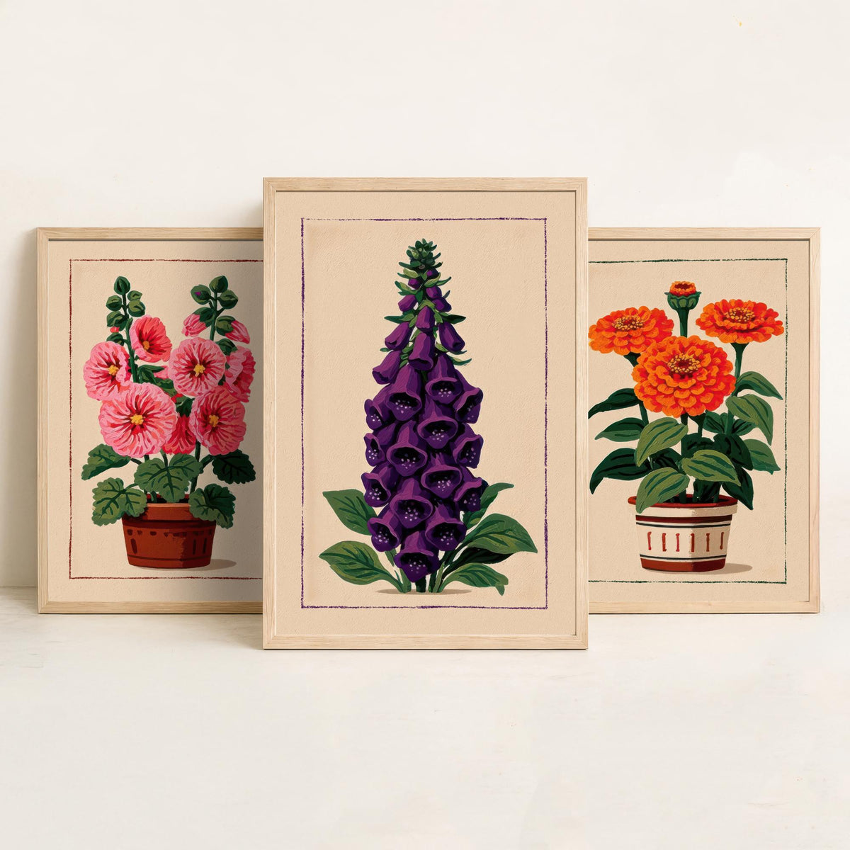 Potted Flower Folk Art Set of Three Art Prints - Hollyhock, Zinnia, Foxglove - Cottage Garden Linocut Poster Illustration V2