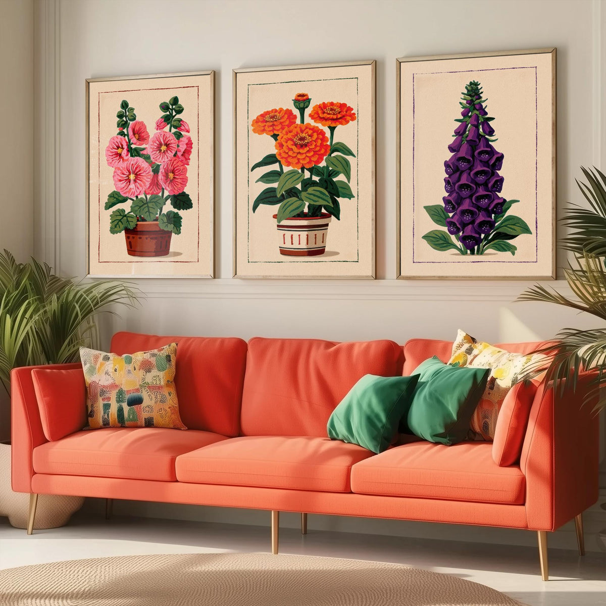Potted Flower Folk Art Set of Three Art Prints - Hollyhock, Zinnia, Foxglove - Cottage Garden Linocut Poster Illustration V2