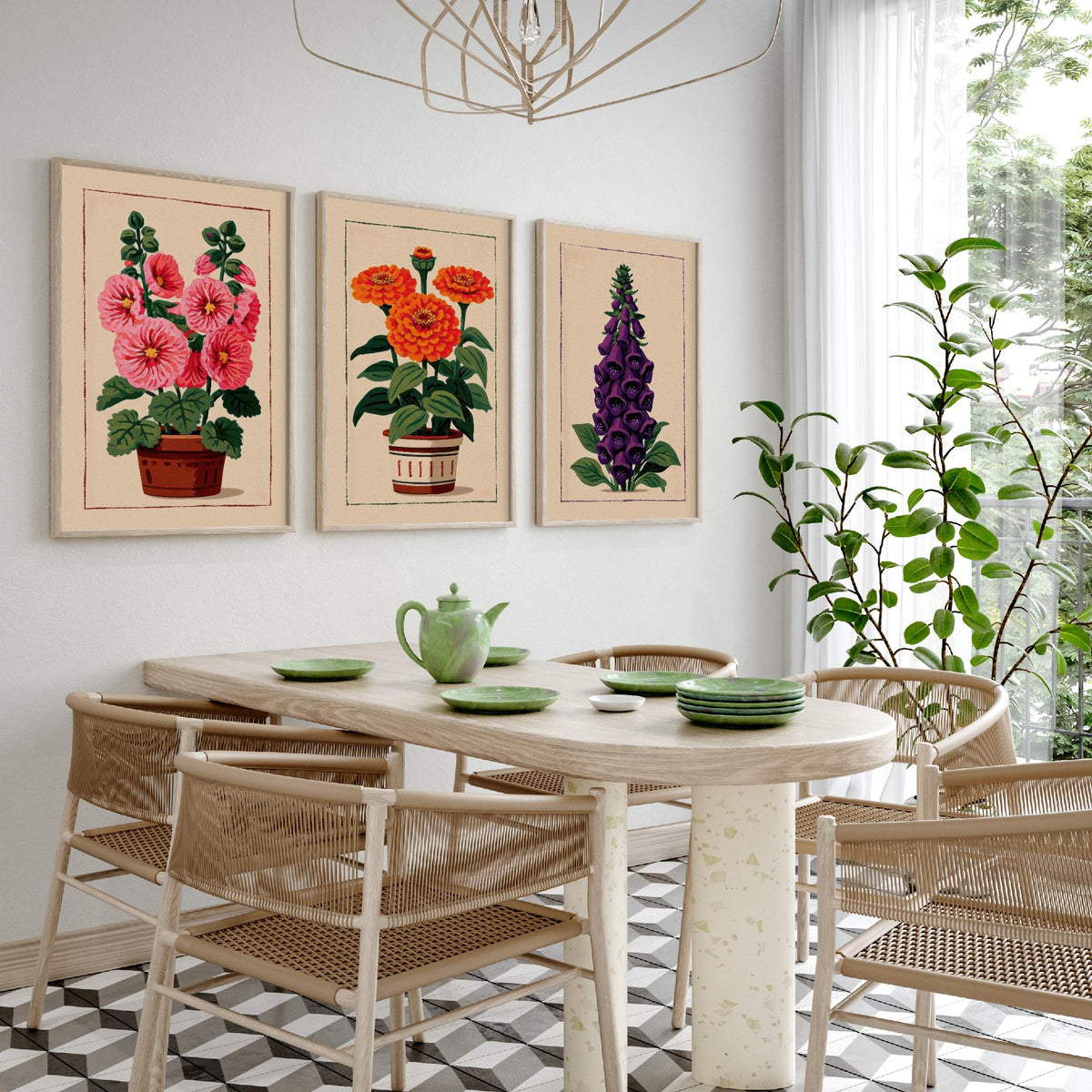 Potted Flower Folk Art Set of Three Art Prints - Hollyhock, Zinnia, Foxglove - Cottage Garden Linocut Poster Illustration V2
