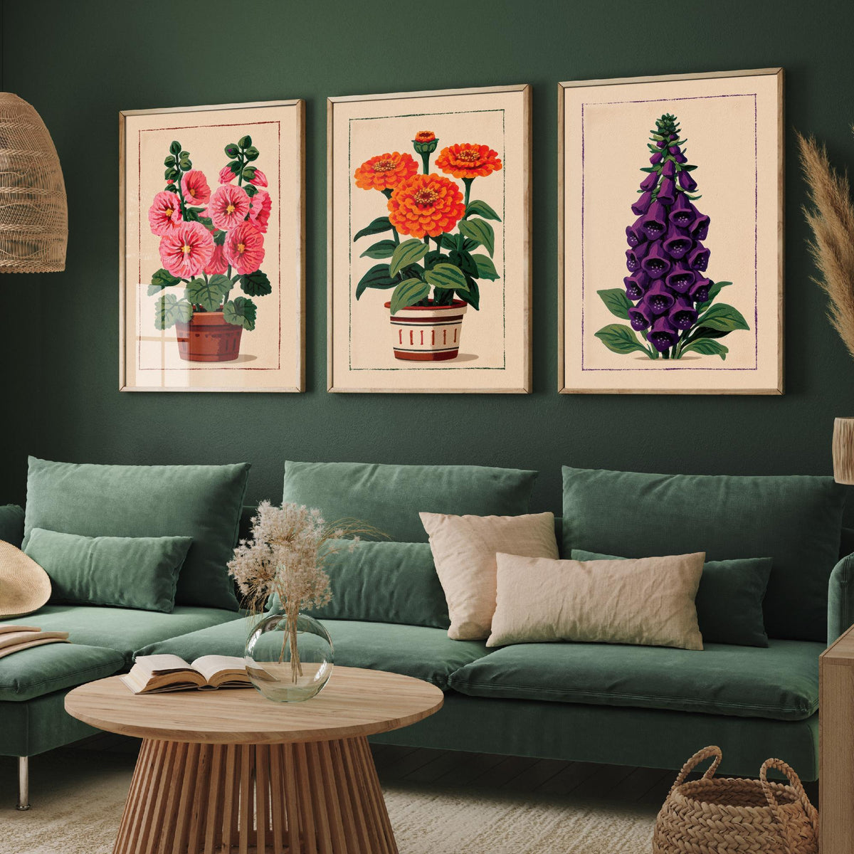 Potted Flower Folk Art Set of Three Art Prints - Hollyhock, Zinnia, Foxglove - Cottage Garden Linocut Poster Illustration V2