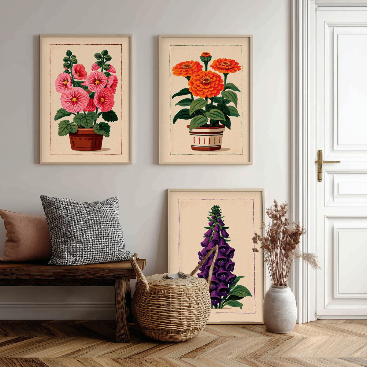 Potted Flower Folk Art Set of Three Art Prints - Hollyhock, Zinnia, Foxglove - Cottage Garden Linocut Poster Illustration V2