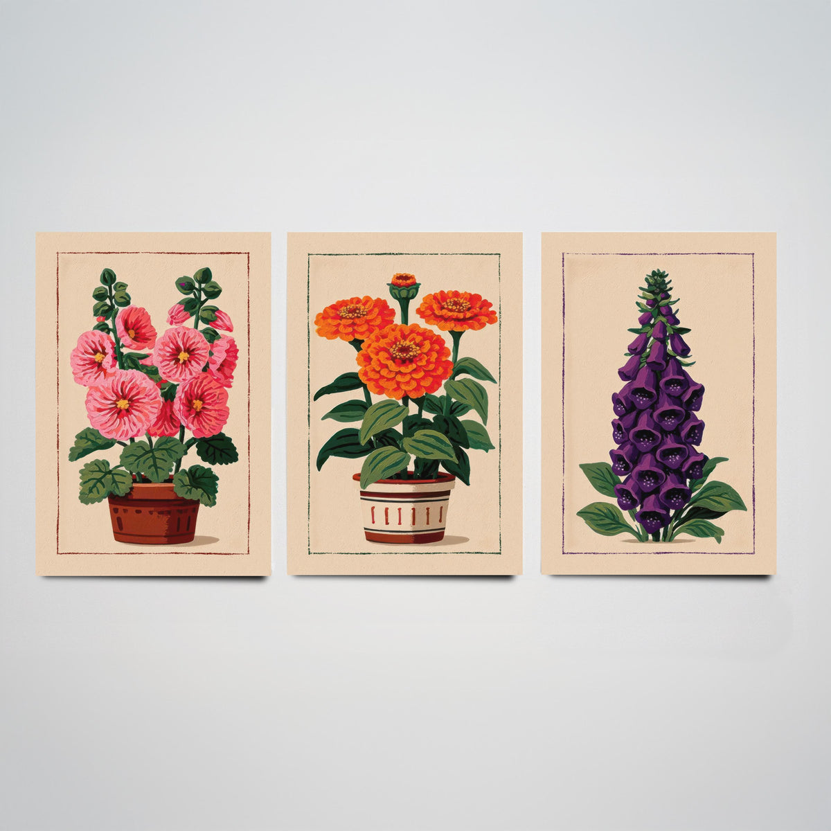Potted Flower Folk Art Set of Three Art Prints - Hollyhock, Zinnia, Foxglove - Cottage Garden Linocut Poster Illustration V2