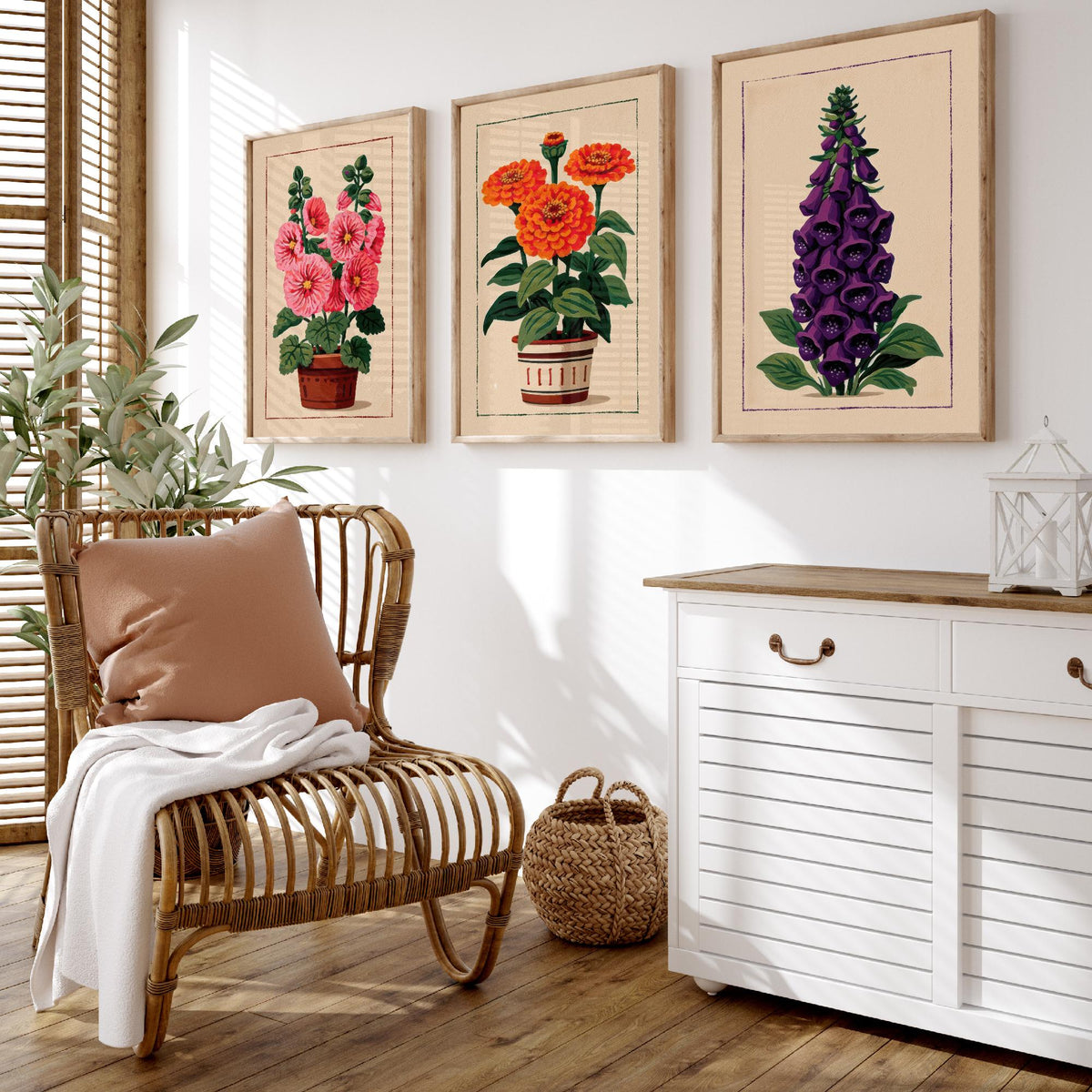 Potted Flower Folk Art Set of Three Art Prints - Hollyhock, Zinnia, Foxglove - Cottage Garden Linocut Poster Illustration V2