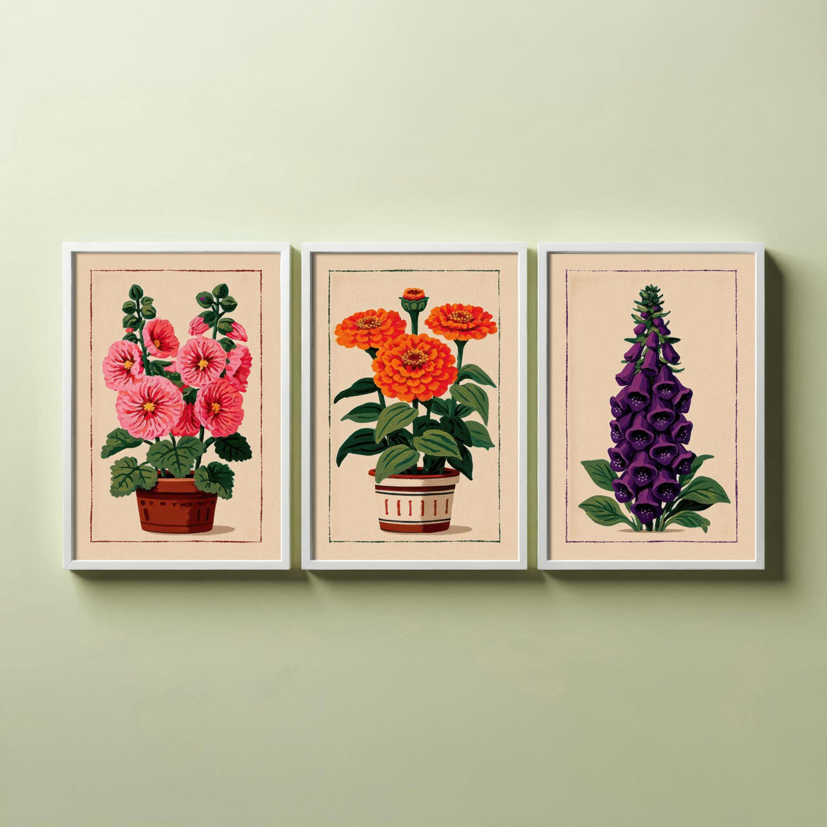 Potted Flower Folk Art Set of Three Art Prints - Hollyhock, Zinnia, Foxglove - Cottage Garden Linocut Poster Illustration V2
