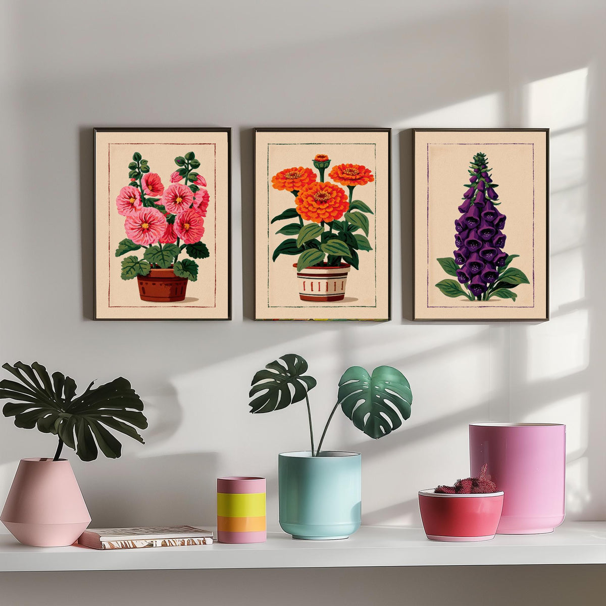 Potted Flower Folk Art Set of Three Art Prints - Hollyhock, Zinnia, Foxglove - Cottage Garden Linocut Poster Illustration V2