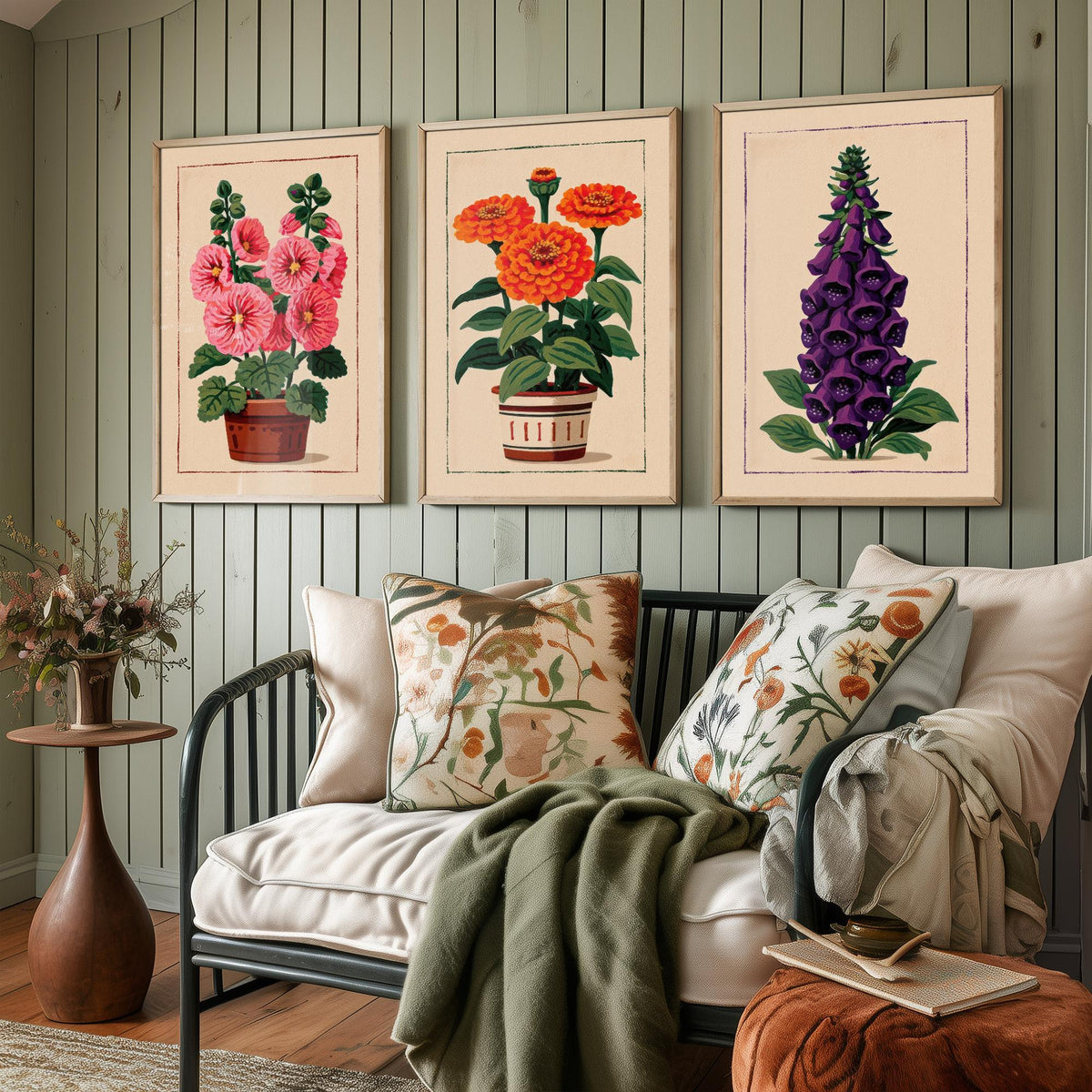 Potted Flower Folk Art Set of Three Art Prints - Hollyhock, Zinnia, Foxglove - Cottage Garden Linocut Poster Illustration V2