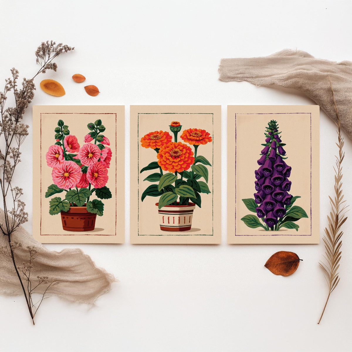 Potted Flower Folk Art Set of Three Art Prints - Hollyhock, Zinnia, Foxglove - Cottage Garden Linocut Poster Illustration V2
