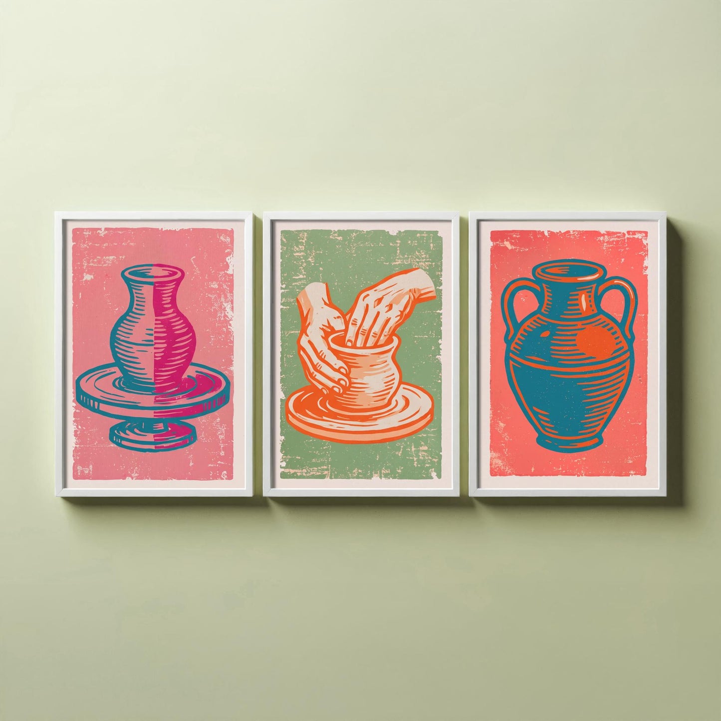 Set of Three Pottery Art Prints - Potter's Wheel, Hands Shaping Clay, Urn - Linocut Illustrations - Ceramics Triptych Posters V2