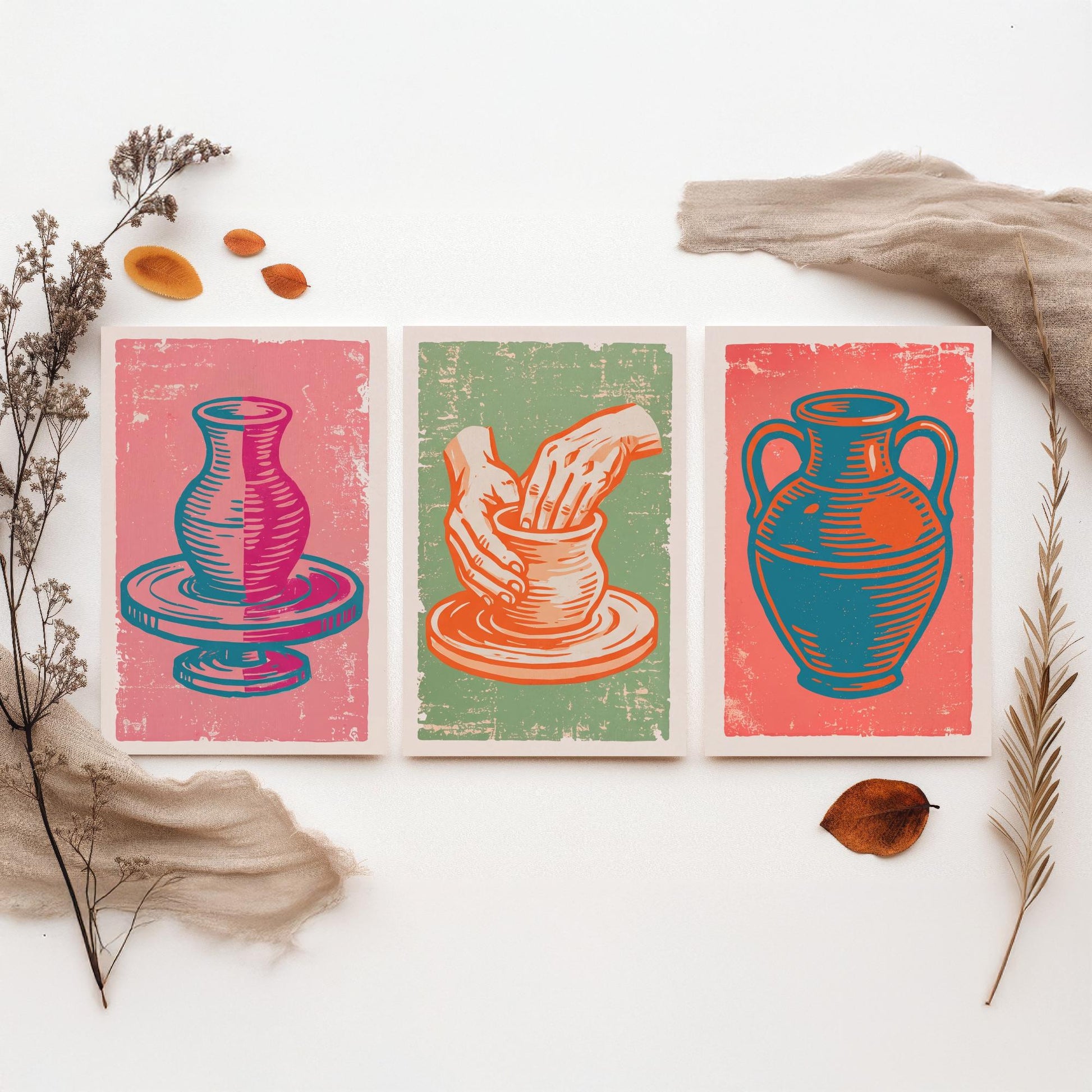 Set of Three Pottery Art Prints - Potter's Wheel, Hands Shaping Clay, Urn - Linocut Illustrations - Ceramics Triptych Posters V2
