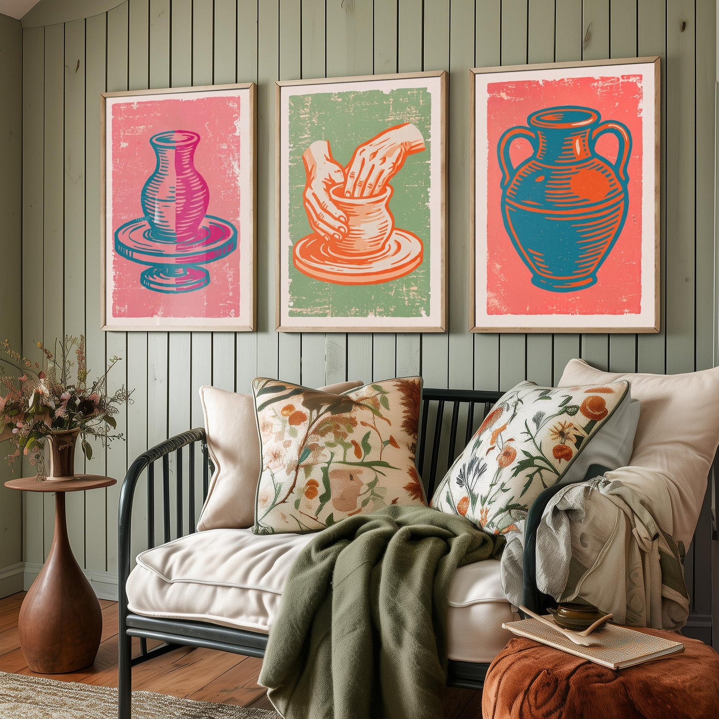 Set of Three Pottery Art Prints - Potter's Wheel, Hands Shaping Clay, Urn - Linocut Illustrations - Ceramics Triptych Posters V2