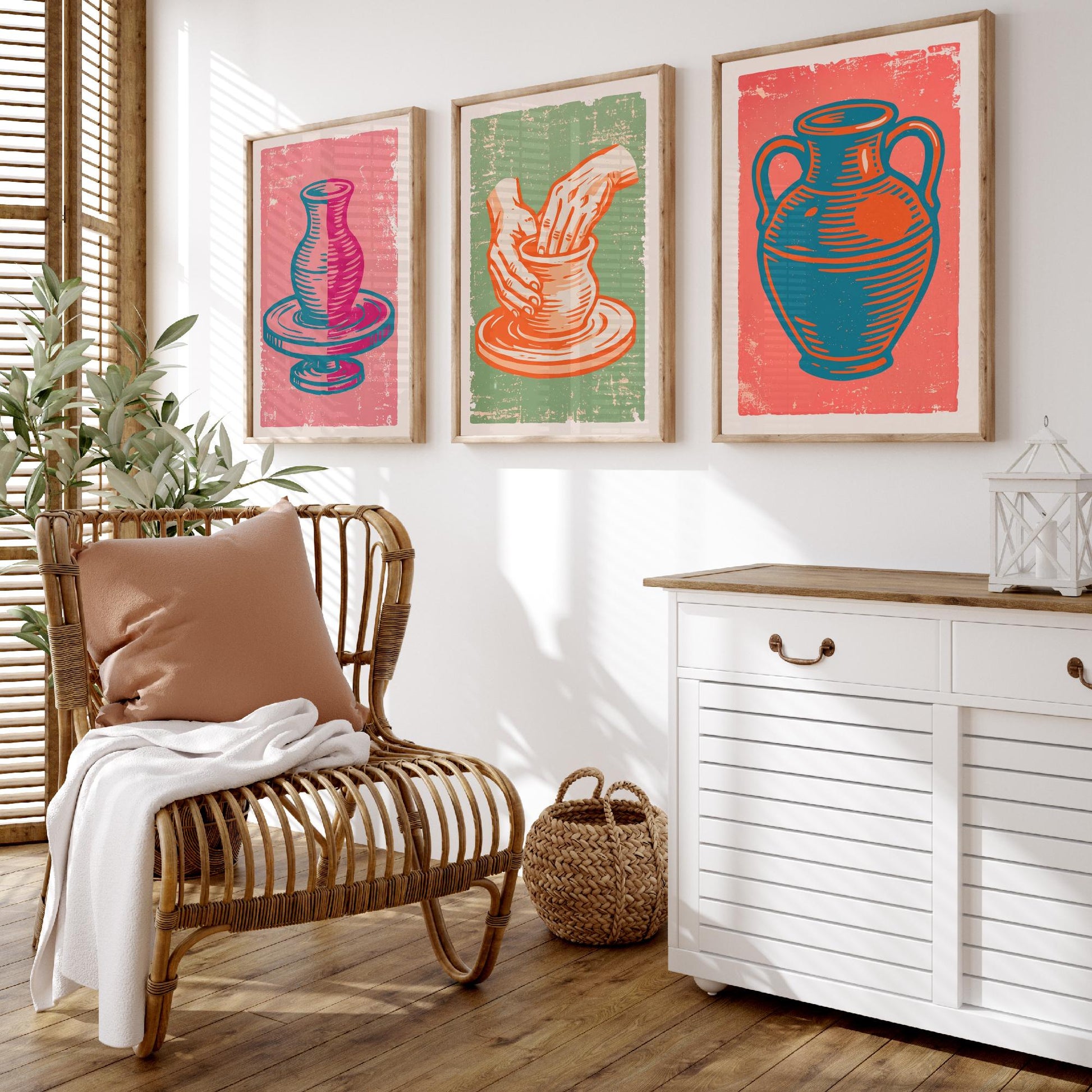 Set of Three Pottery Art Prints - Potter's Wheel, Hands Shaping Clay, Urn - Linocut Illustrations - Ceramics Triptych Posters V2
