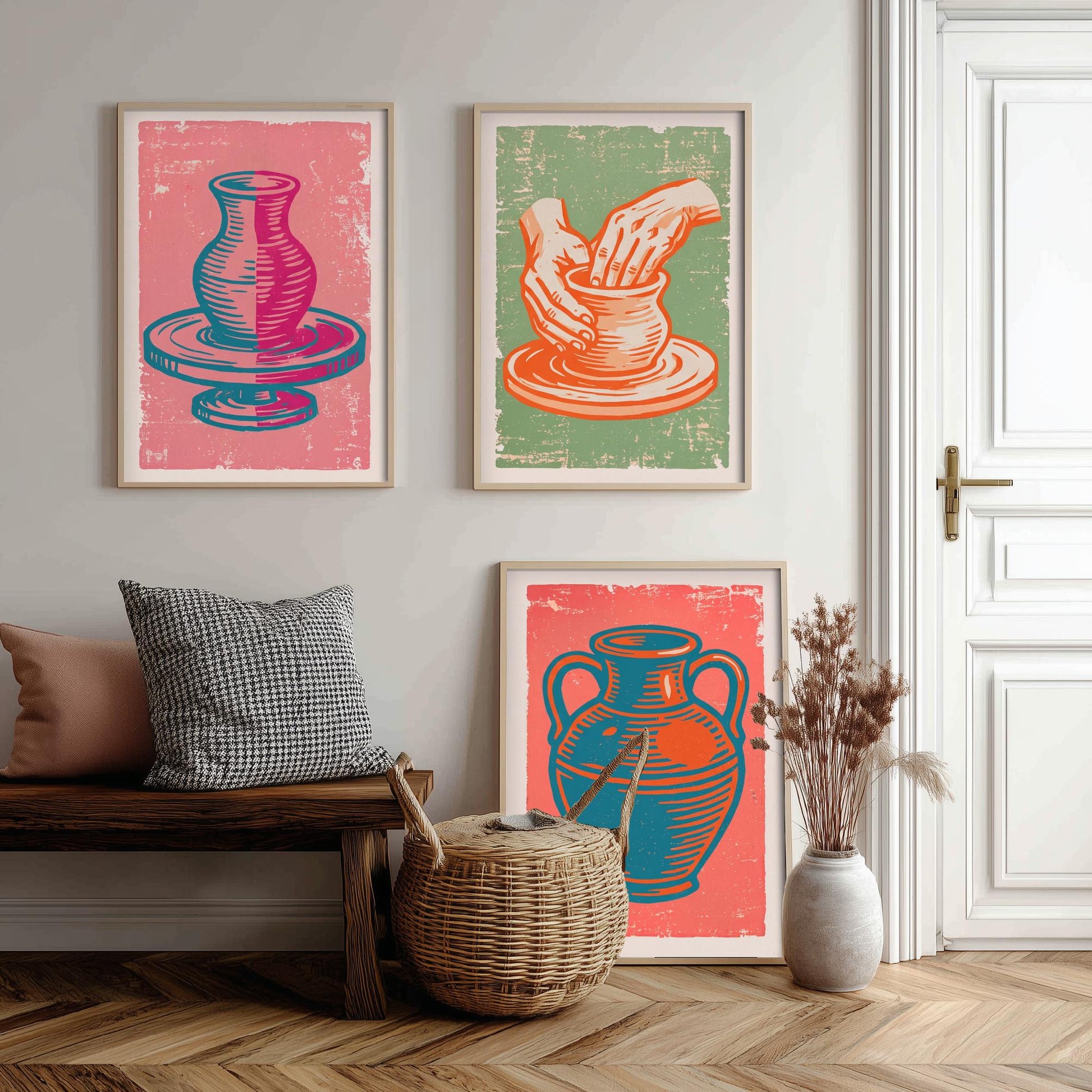 Set of Three Pottery Art Prints - Potter's Wheel, Hands Shaping Clay, Urn - Linocut Illustrations - Ceramics Triptych Posters V2