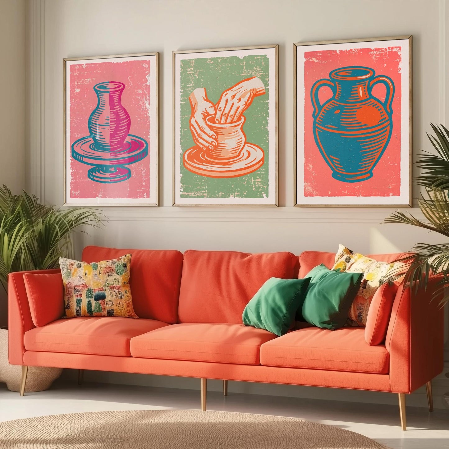 Set of Three Pottery Art Prints - Potter's Wheel, Hands Shaping Clay, Urn - Linocut Illustrations - Ceramics Triptych Posters V2