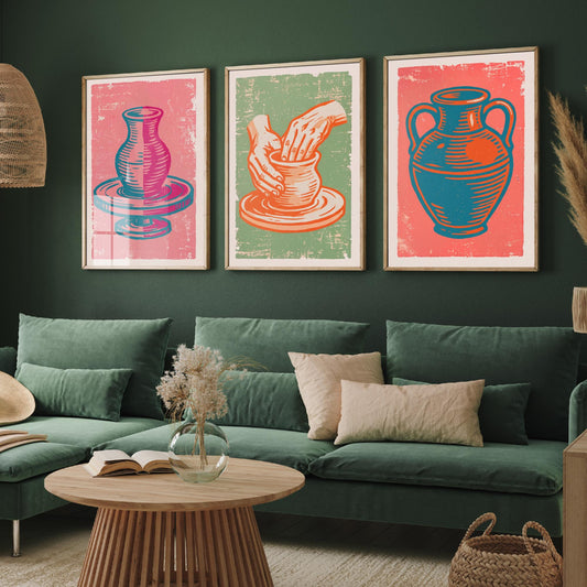 Set of Three Pottery Art Prints - Potter's Wheel, Hands Shaping Clay, Urn - Linocut Illustrations - Ceramics Triptych Posters V2