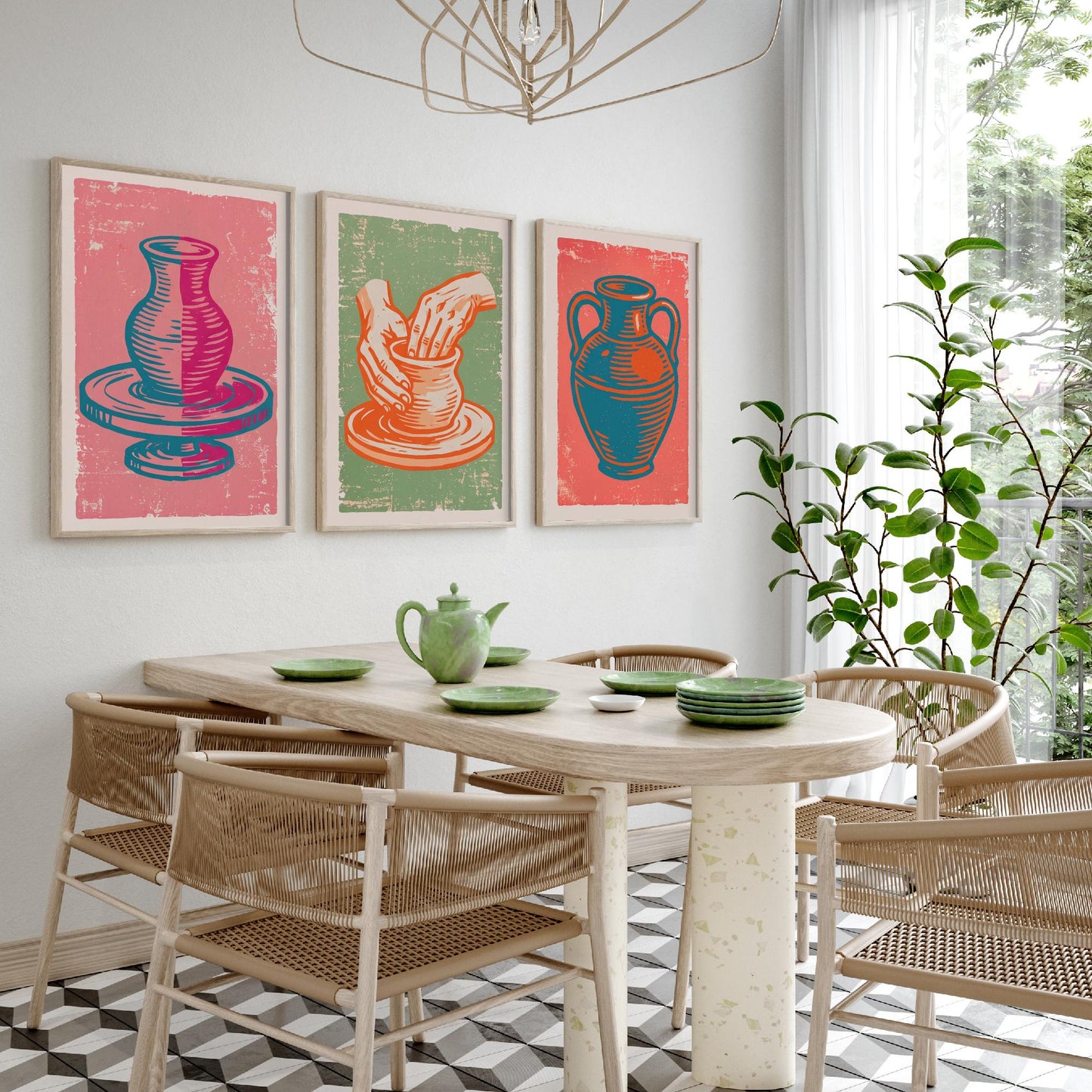 Set of Three Pottery Art Prints - Potter's Wheel, Hands Shaping Clay, Urn - Linocut Illustrations - Ceramics Triptych Posters V2