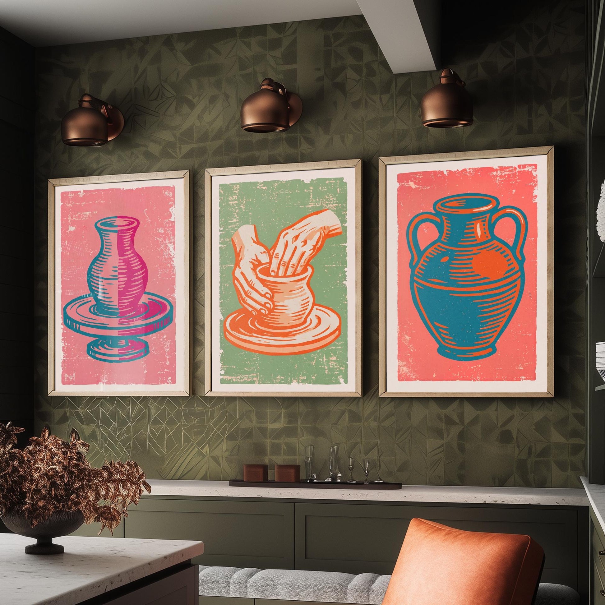 Set of Three Pottery Art Prints - Potter's Wheel, Hands Shaping Clay, Urn - Linocut Illustrations - Ceramics Triptych Posters V2