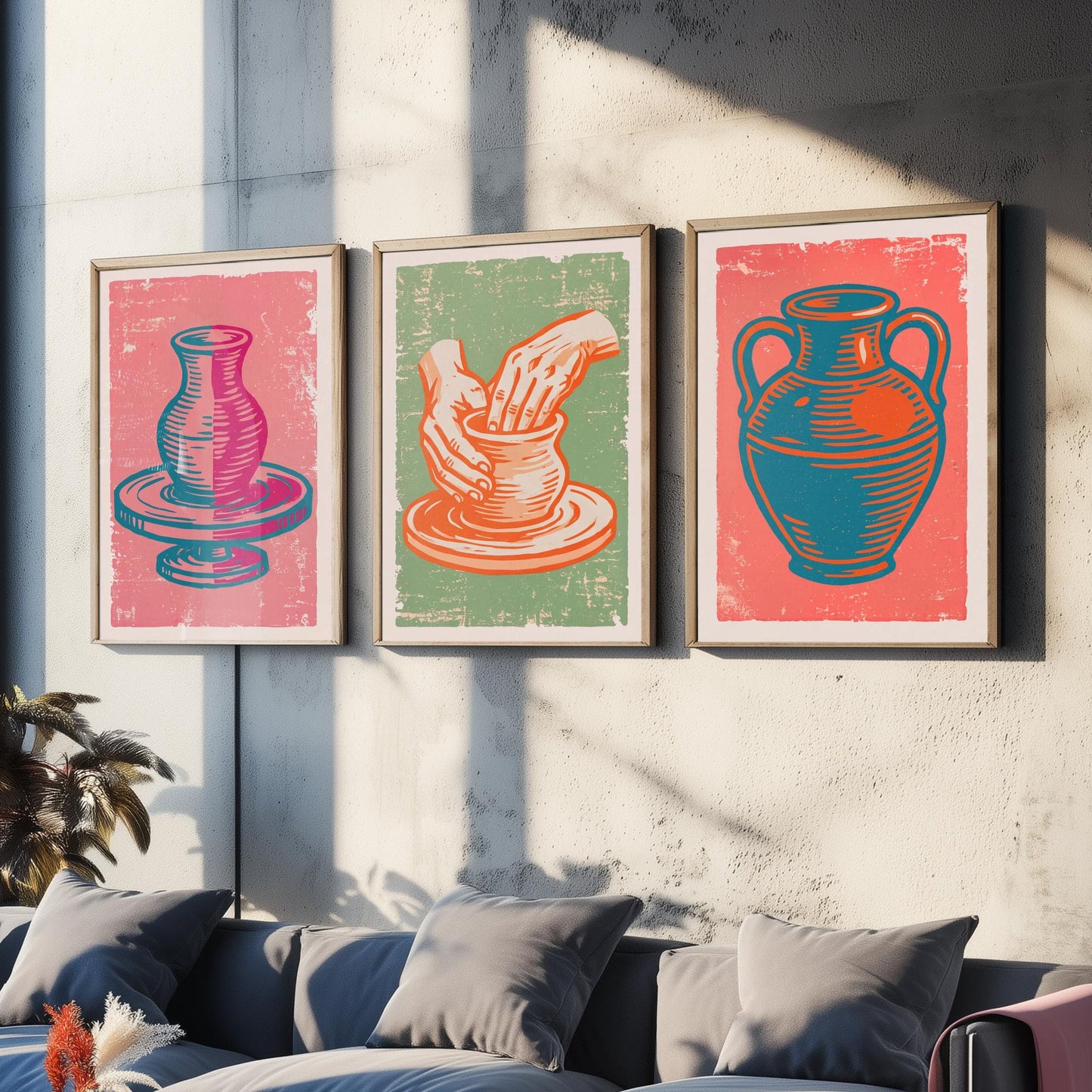 Set of Three Pottery Art Prints - Potter's Wheel, Hands Shaping Clay, Urn - Linocut Illustrations - Ceramics Triptych Posters V2