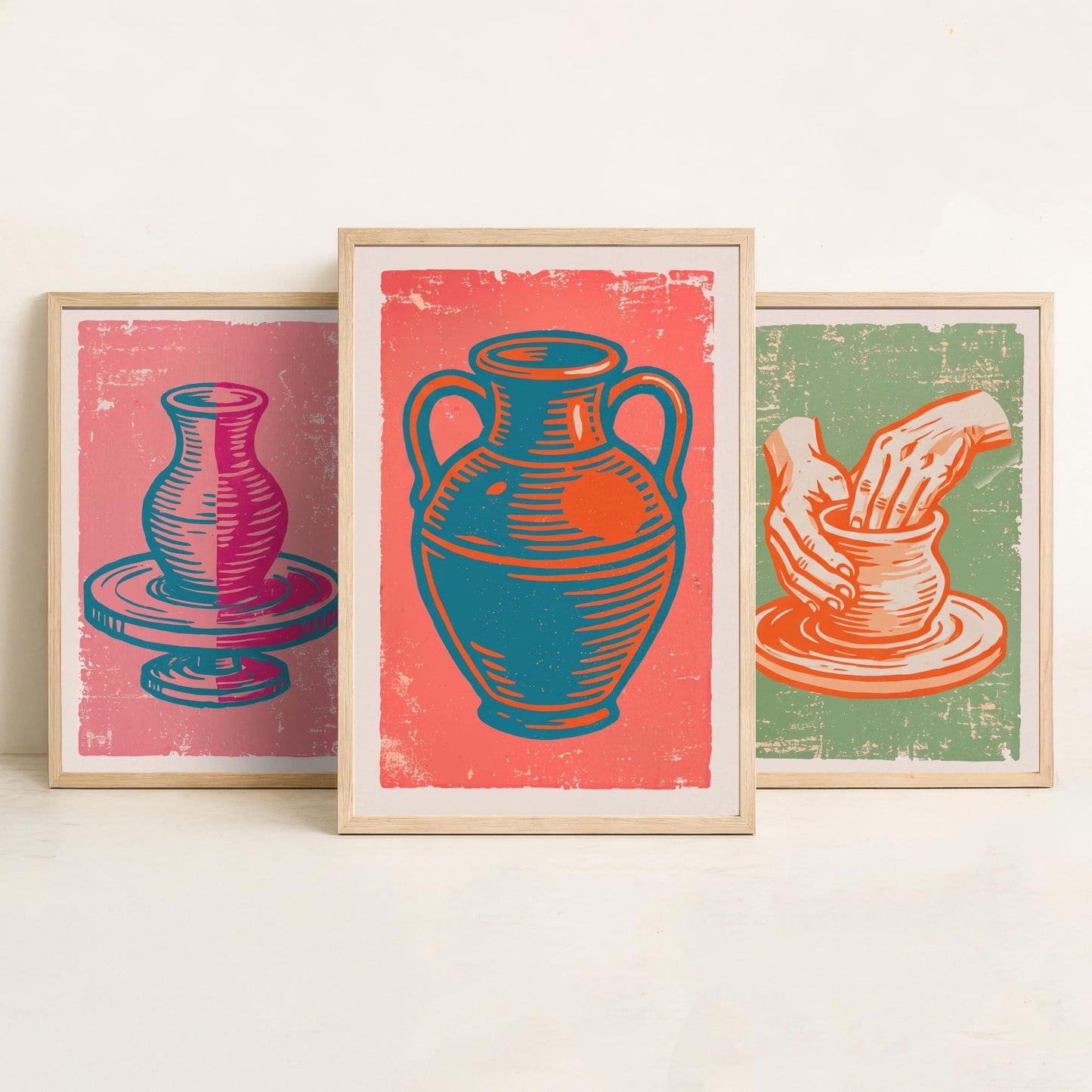 Set of Three Pottery Art Prints - Potter's Wheel, Hands Shaping Clay, Urn - Linocut Illustrations - Ceramics Triptych Posters V2