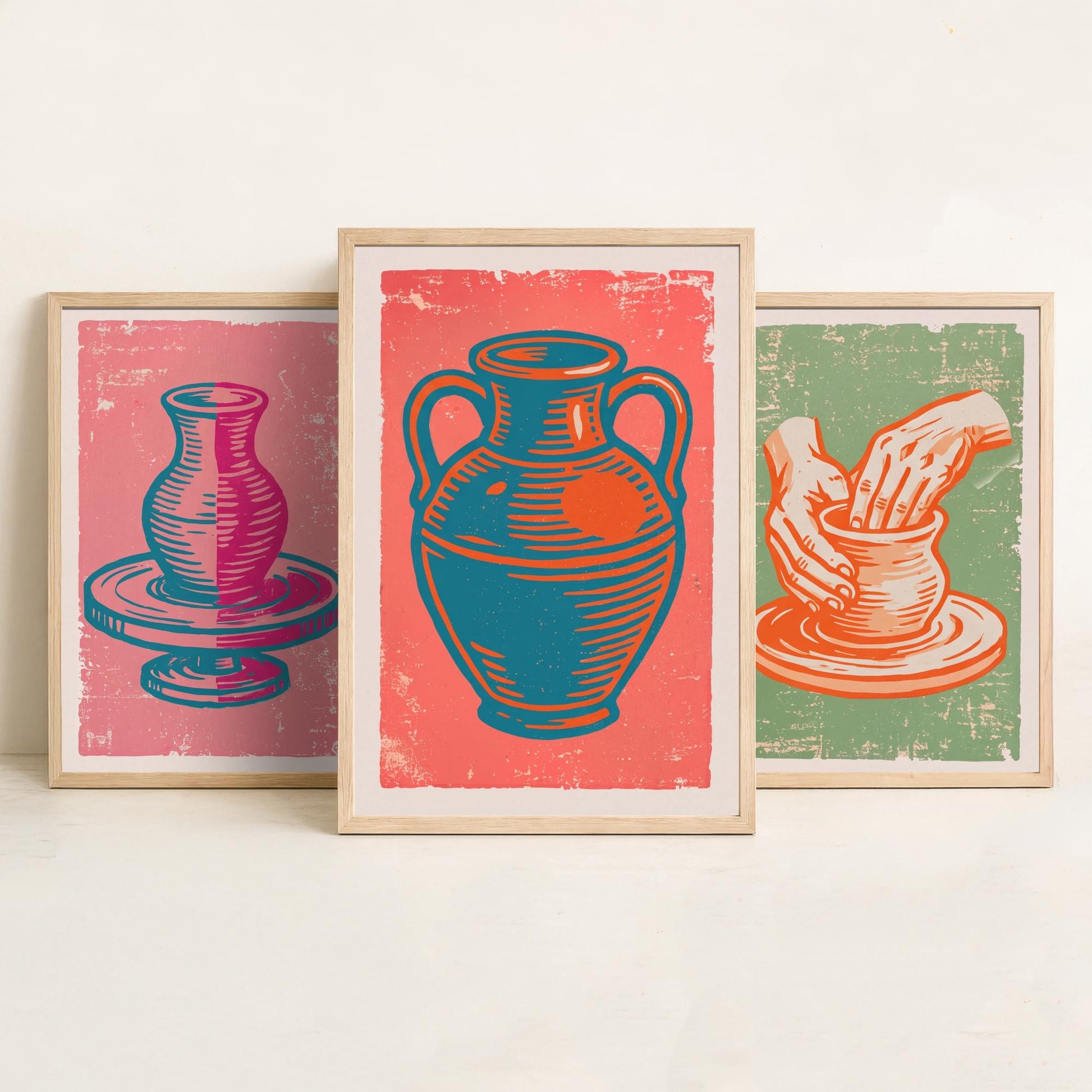 Set of Three Pottery Art Prints - Potter's Wheel, Hands Shaping Clay, Urn - Linocut Illustrations - Ceramics Triptych Posters V2
