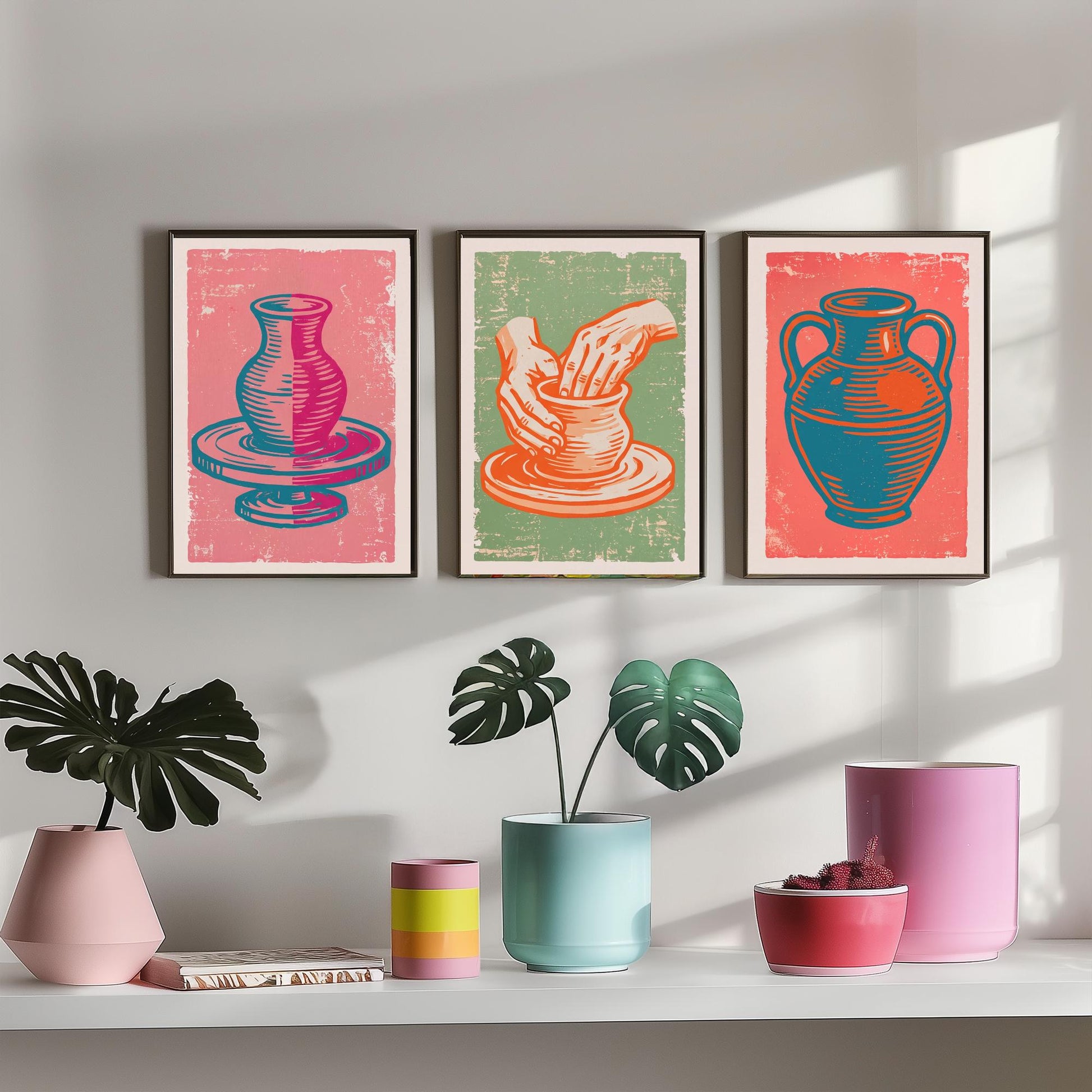 Set of Three Pottery Art Prints - Potter's Wheel, Hands Shaping Clay, Urn - Linocut Illustrations - Ceramics Triptych Posters V2