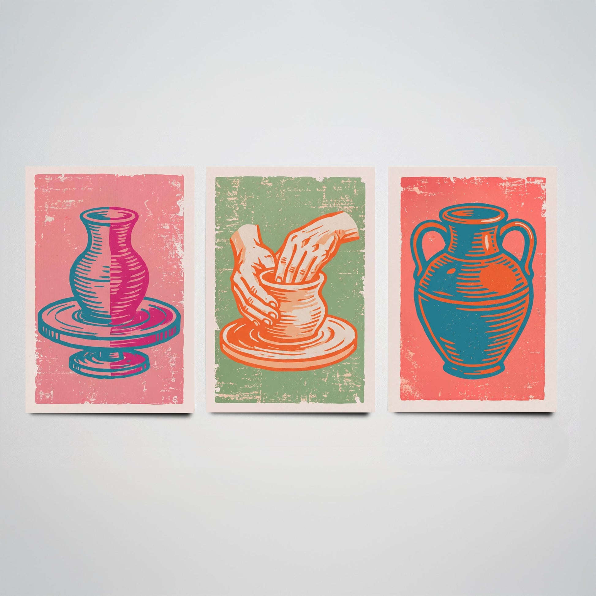 Set of Three Pottery Art Prints - Potter's Wheel, Hands Shaping Clay, Urn - Linocut Illustrations - Ceramics Triptych Posters V2