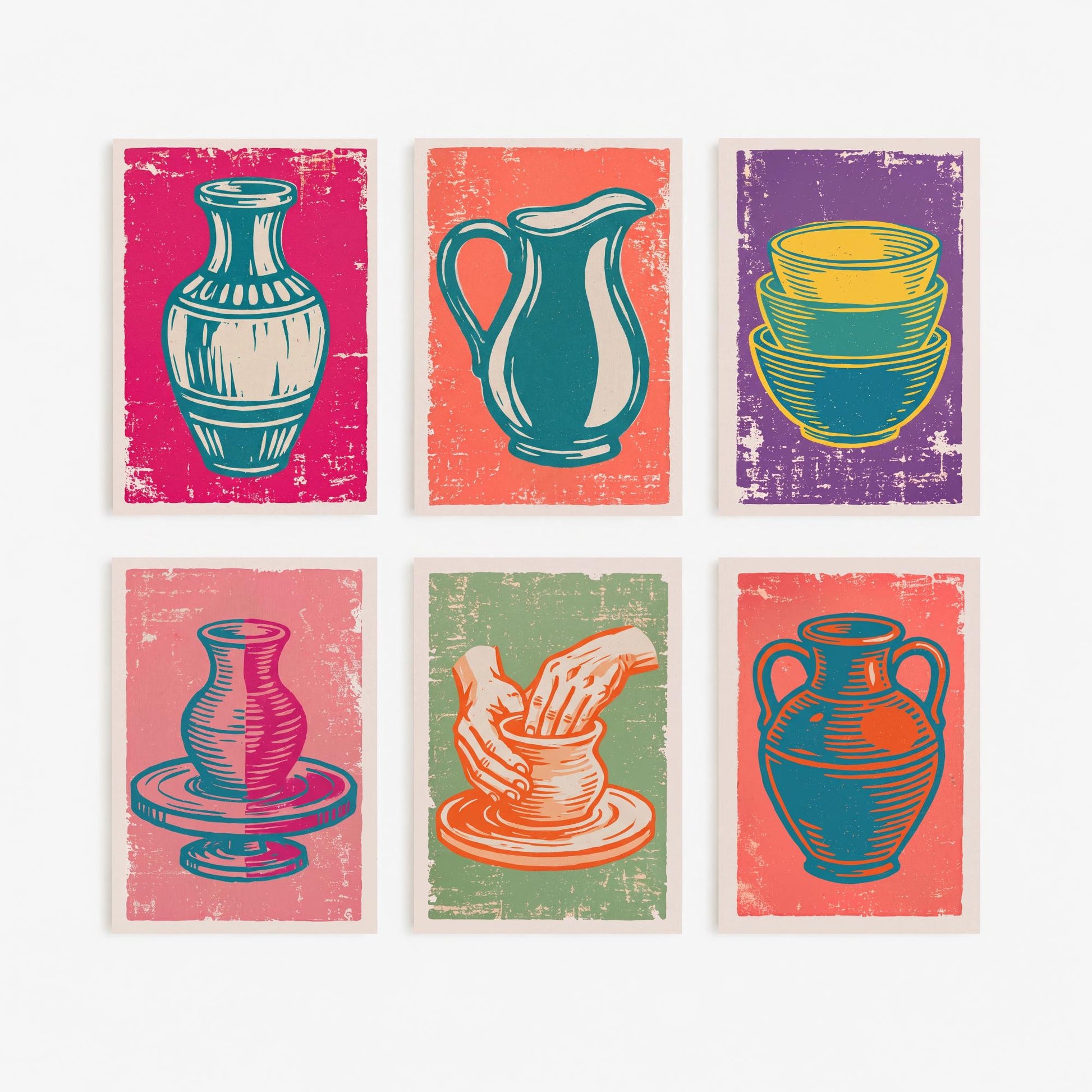 Set of Six Pottery Linocut Art Prints - 6 Ceramics Illustrations - Vase, Jug, Nested Bowls, Potter's Wheel, Amphora - Craft Studio Posters