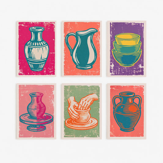 Set of Six Pottery Linocut Art Prints - 6 Ceramics Illustrations - Vase, Jug, Nested Bowls, Potter's Wheel, Amphora - Craft Studio Posters