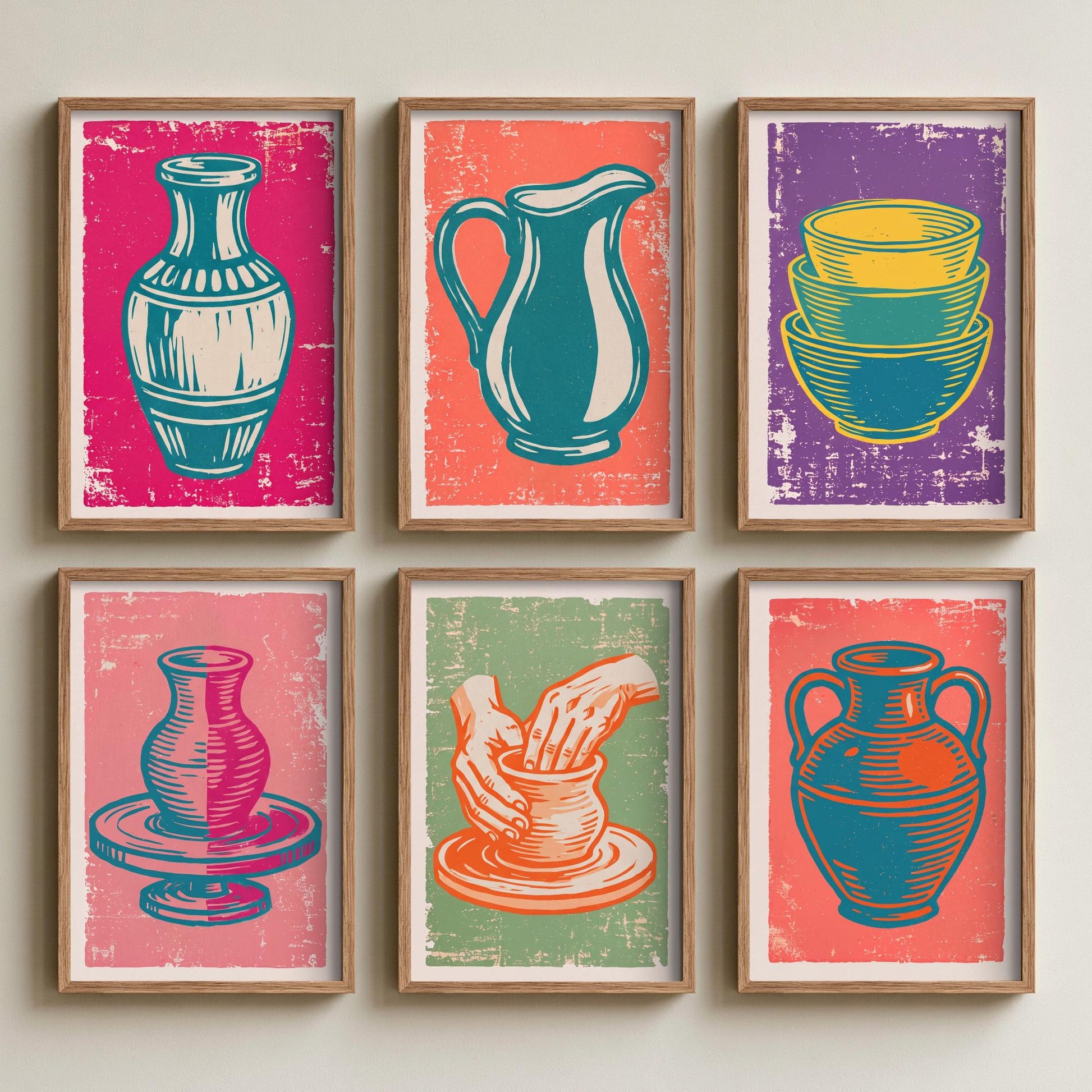 Set of Six Pottery Linocut Art Prints - 6 Ceramics Illustrations - Vase, Jug, Nested Bowls, Potter's Wheel, Amphora - Craft Studio Posters