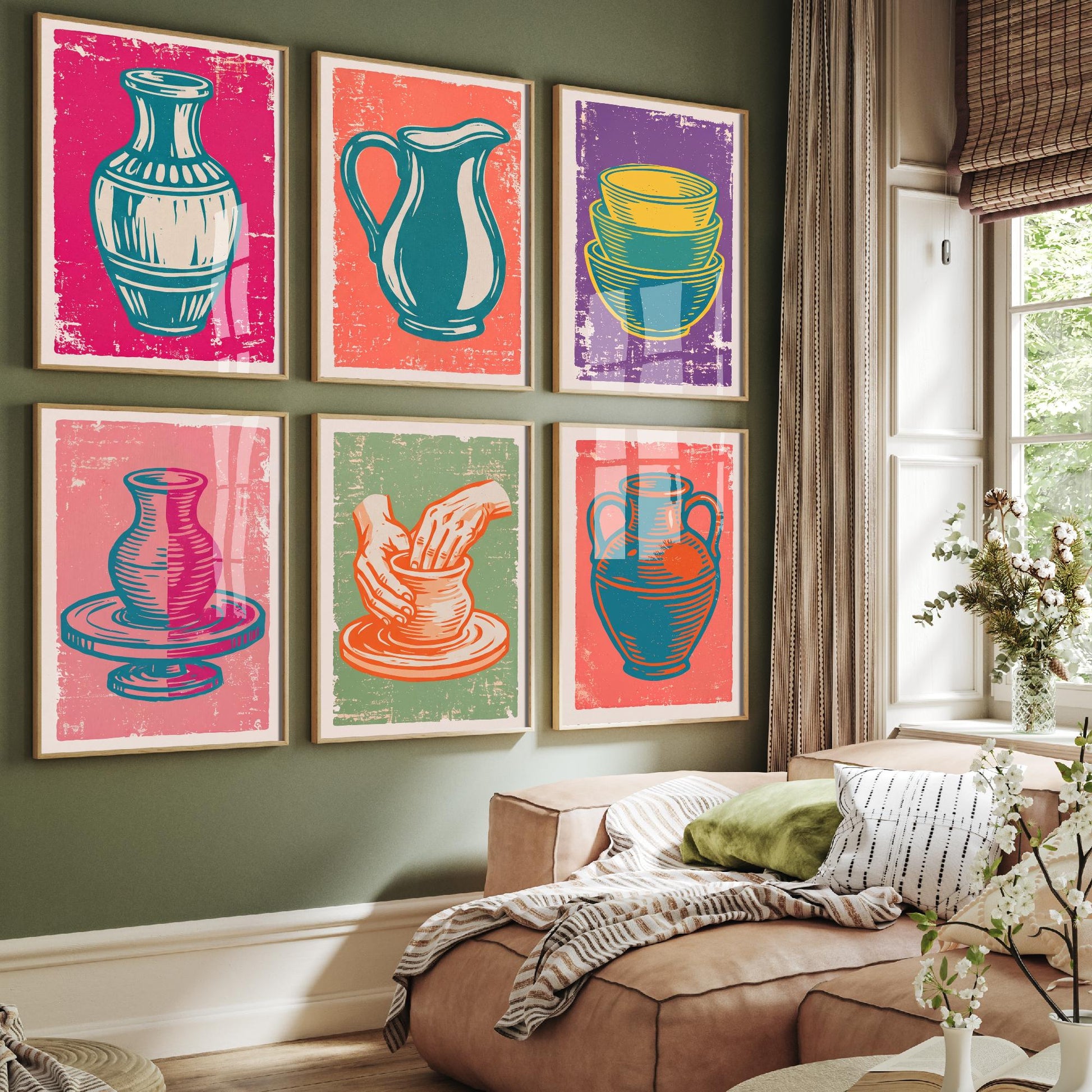 Set of Six Pottery Linocut Art Prints - 6 Ceramics Illustrations - Vase, Jug, Nested Bowls, Potter's Wheel, Amphora - Craft Studio Posters