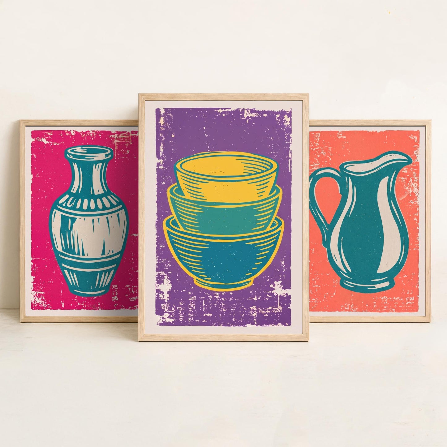 Set of Three Pottery Art Prints - Vase, Jug, Nested Bowls - Linocut Illustrations - Ceramics Studio Triptych Posters V1