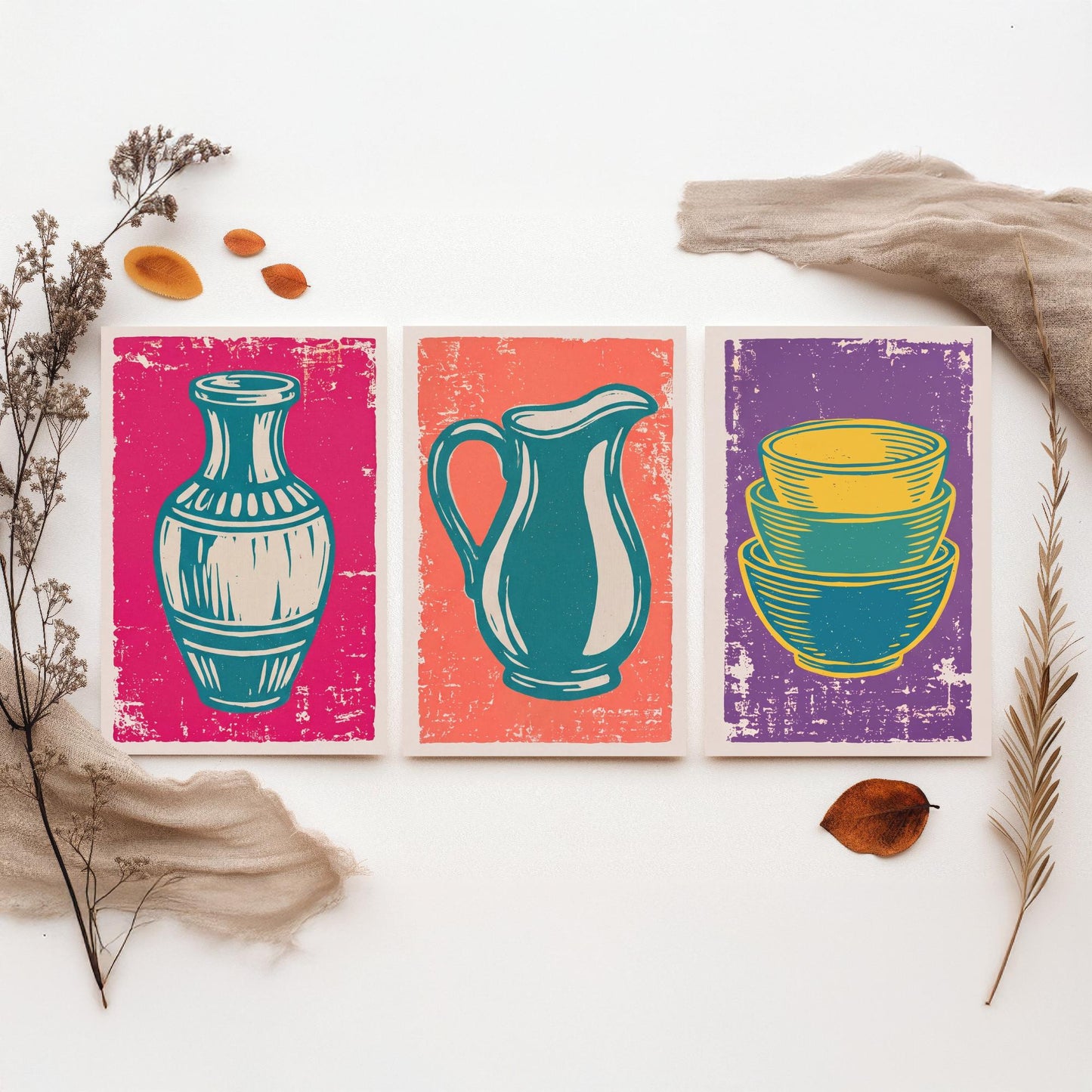 Set of Three Pottery Art Prints - Vase, Jug, Nested Bowls - Linocut Illustrations - Ceramics Studio Triptych Posters V1
