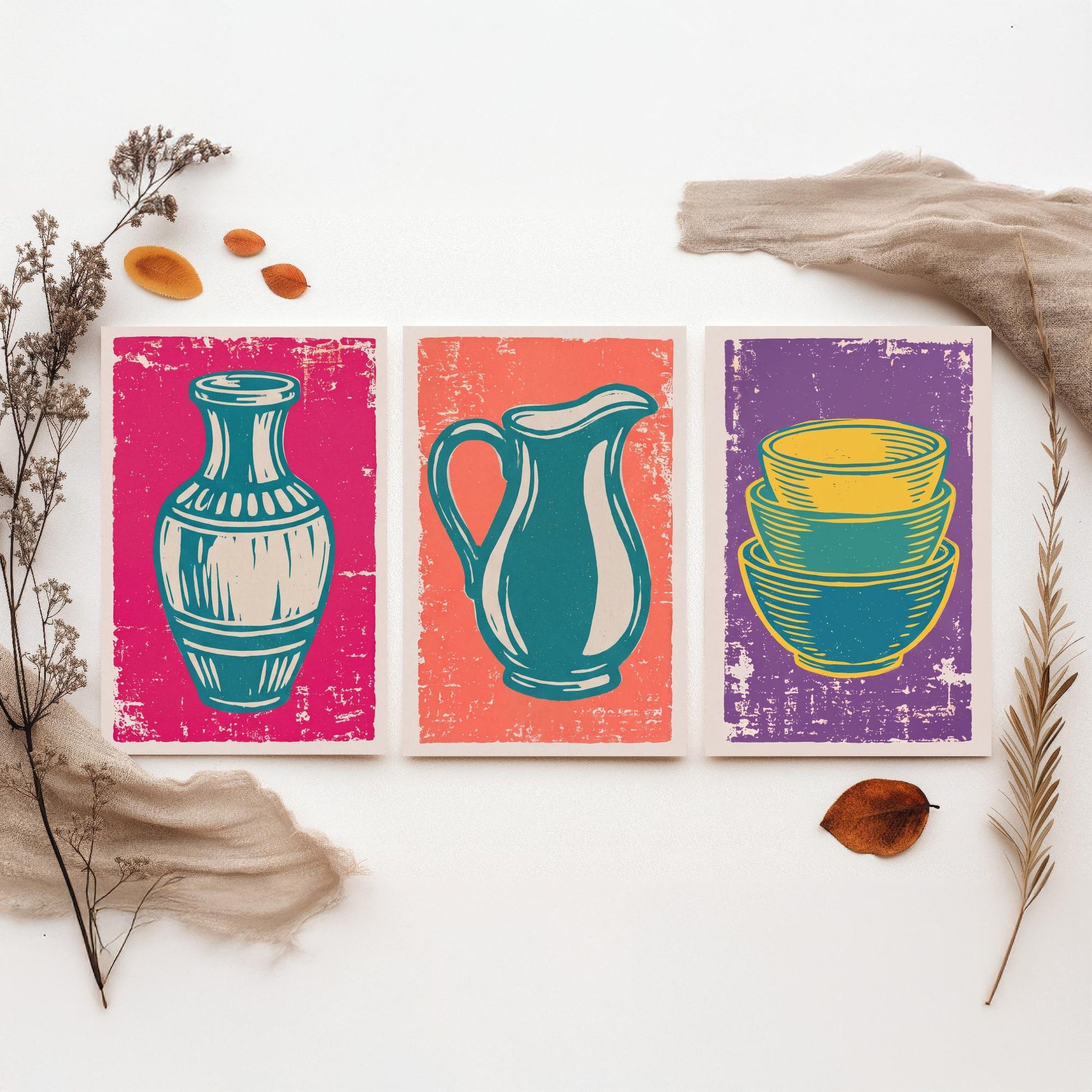 Set of Three Pottery Art Prints - Vase, Jug, Nested Bowls - Linocut Illustrations - Ceramics Studio Triptych Posters V1
