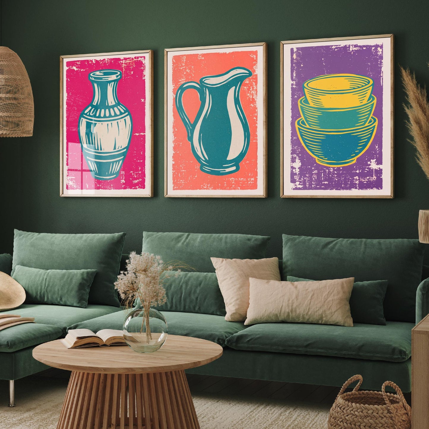 Set of Three Pottery Art Prints - Vase, Jug, Nested Bowls - Linocut Illustrations - Ceramics Studio Triptych Posters V1