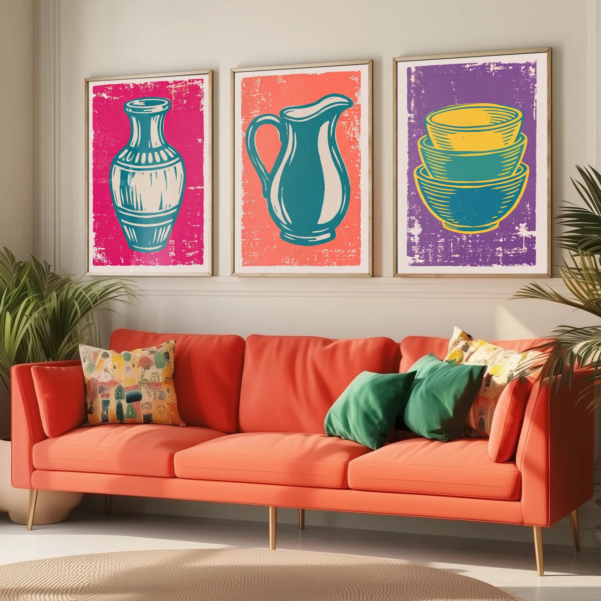 Set of Three Pottery Art Prints - Vase, Jug, Nested Bowls - Linocut Illustrations - Ceramics Studio Triptych Posters V1