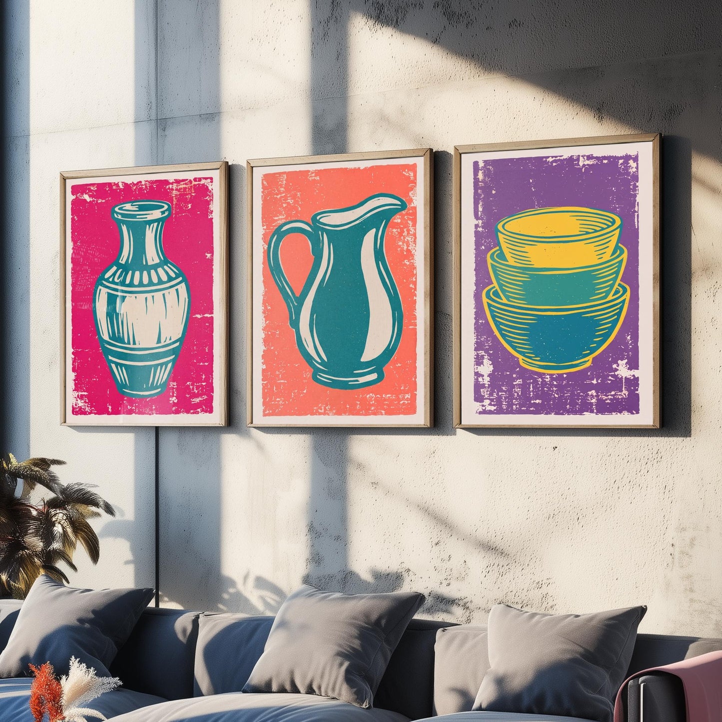 Set of Three Pottery Art Prints - Vase, Jug, Nested Bowls - Linocut Illustrations - Ceramics Studio Triptych Posters V1