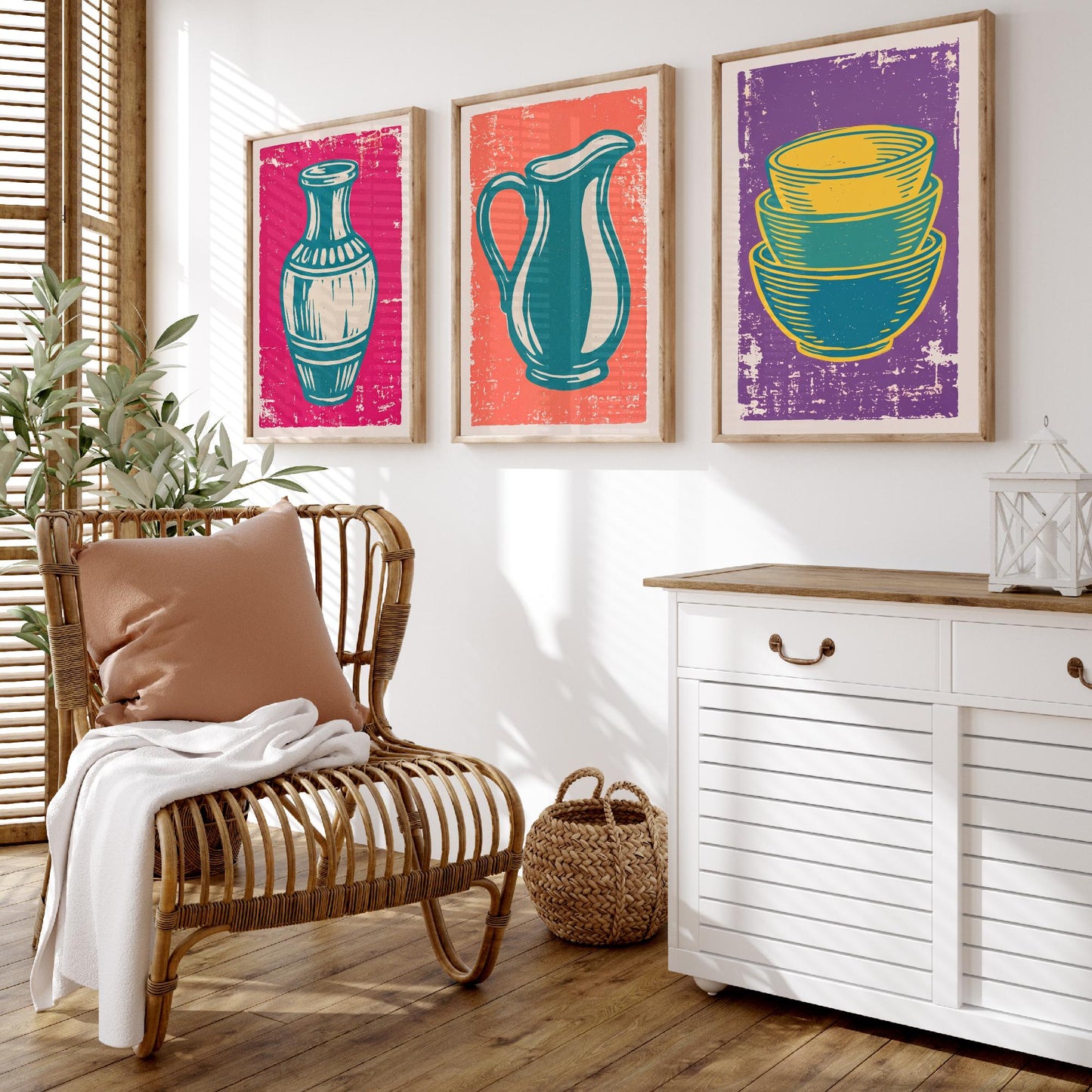 Set of Three Pottery Art Prints - Vase, Jug, Nested Bowls - Linocut Illustrations - Ceramics Studio Triptych Posters V1