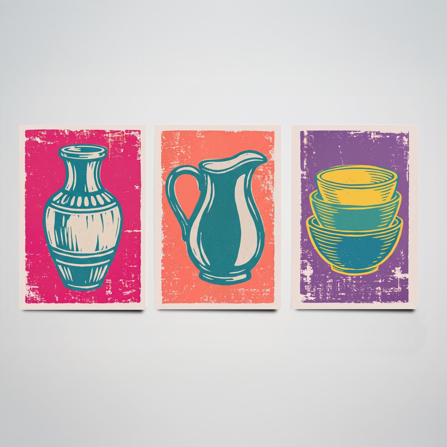 Set of Three Pottery Art Prints - Vase, Jug, Nested Bowls - Linocut Illustrations - Ceramics Studio Triptych Posters V1