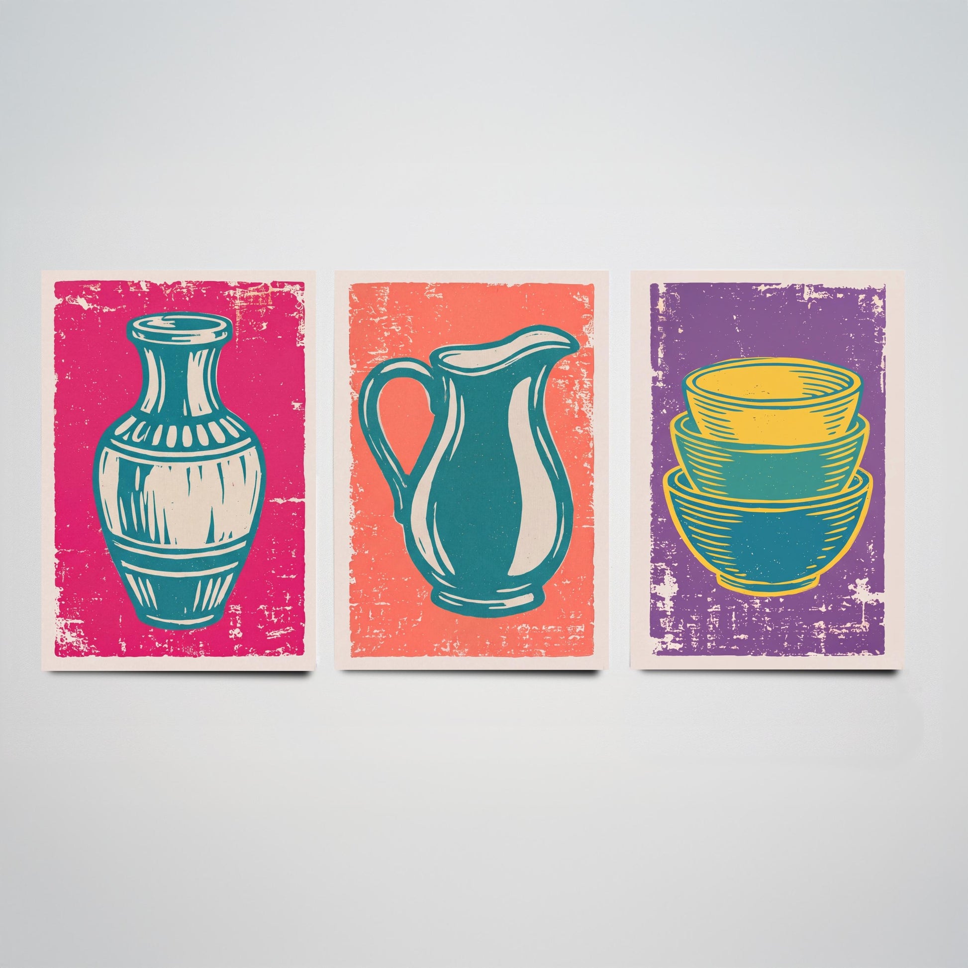 Set of Three Pottery Art Prints - Vase, Jug, Nested Bowls - Linocut Illustrations - Ceramics Studio Triptych Posters V1