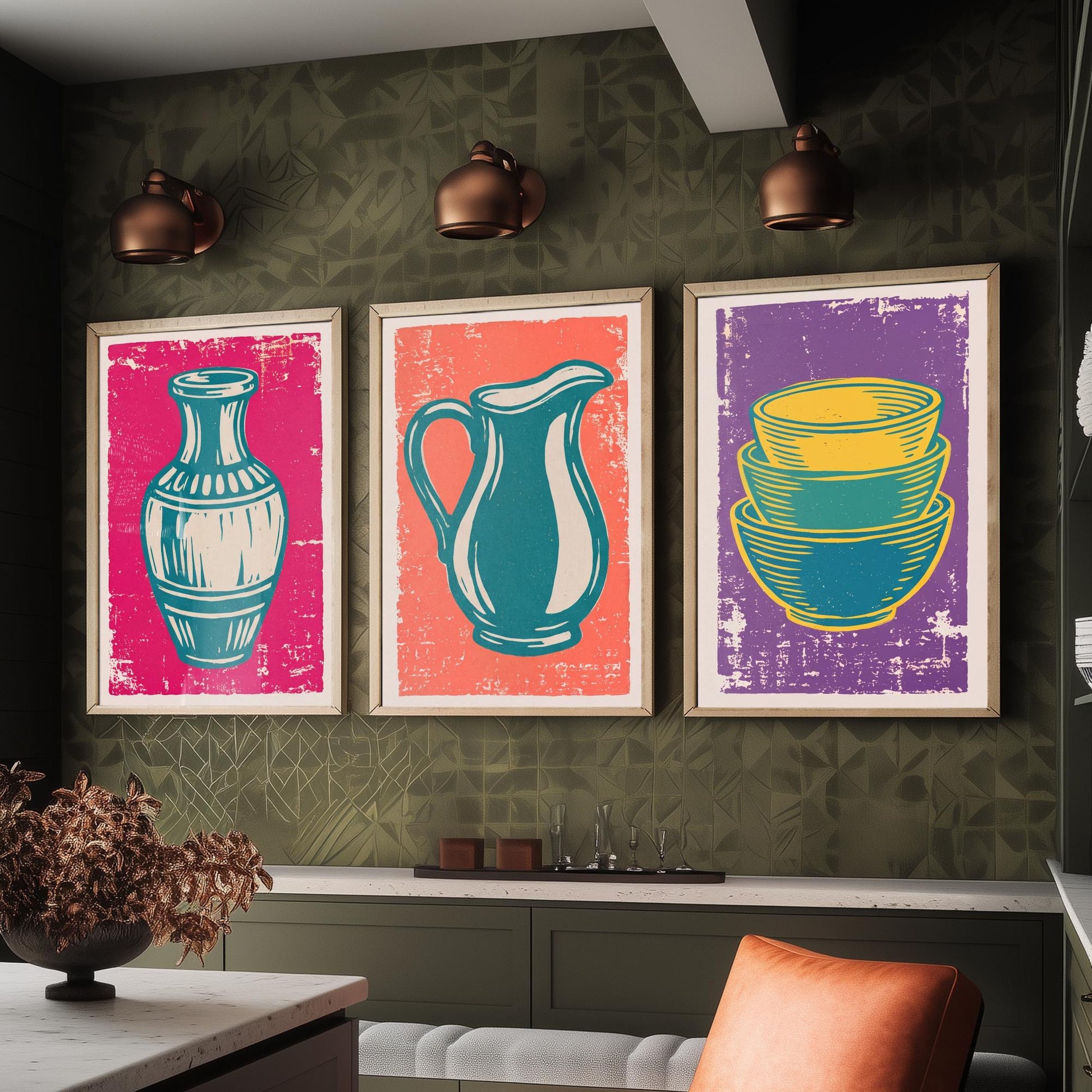 Set of Three Pottery Art Prints - Vase, Jug, Nested Bowls - Linocut Illustrations - Ceramics Studio Triptych Posters V1