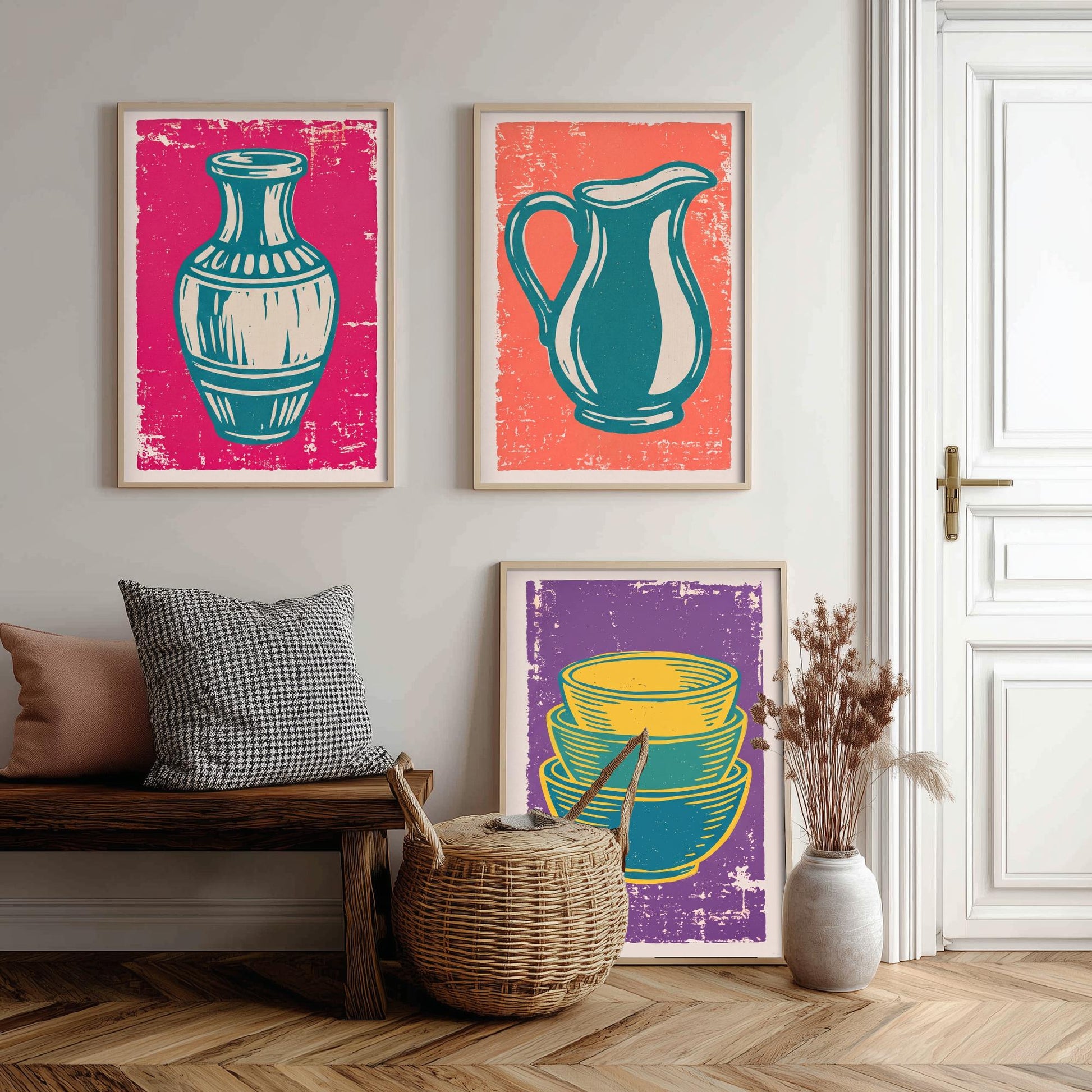 Set of Three Pottery Art Prints - Vase, Jug, Nested Bowls - Linocut Illustrations - Ceramics Studio Triptych Posters V1
